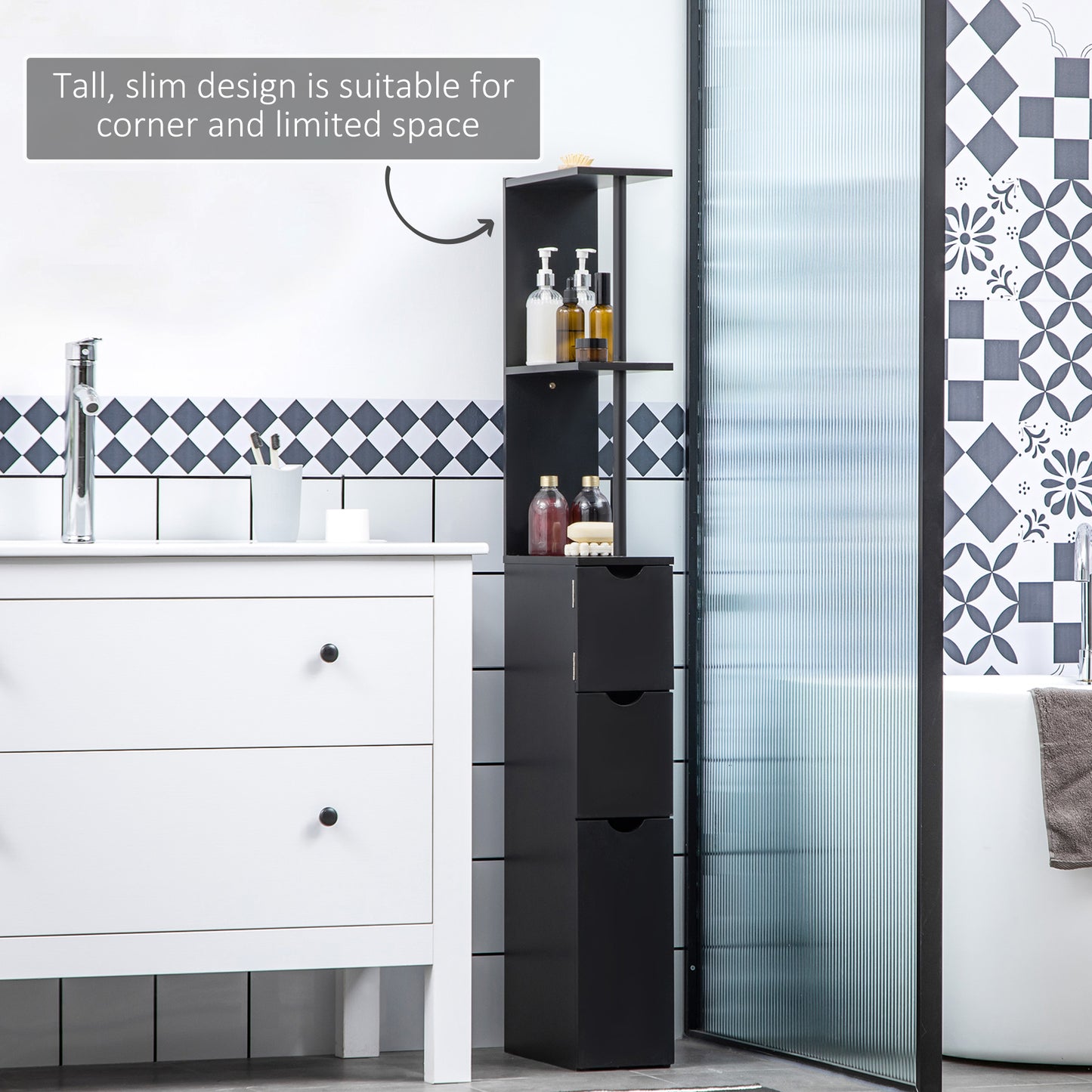 Tall Bathroom Storage Cabinet, Narrow Bathroom Cabinet with Drawers and Open Shelves for Small Spaces, Black Bathroom Cabinets   at Gallery Canada