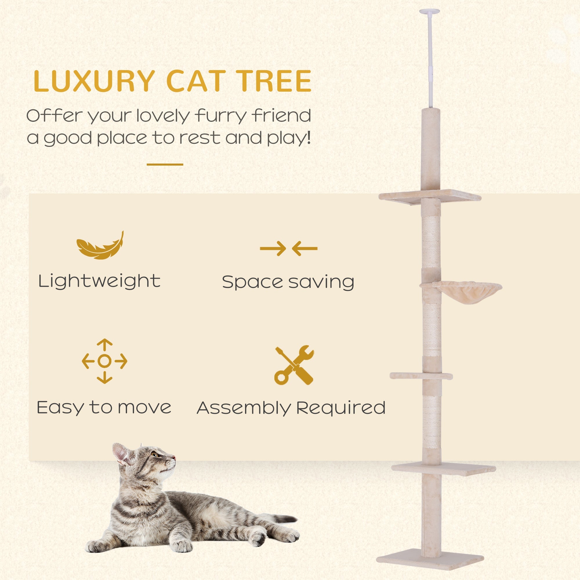 8.5ft Cat Climbing Tree 5-Tier Kitty Activity Center with Scratching Post Beige Floor to Ceiling Cat Trees   at Gallery Canada