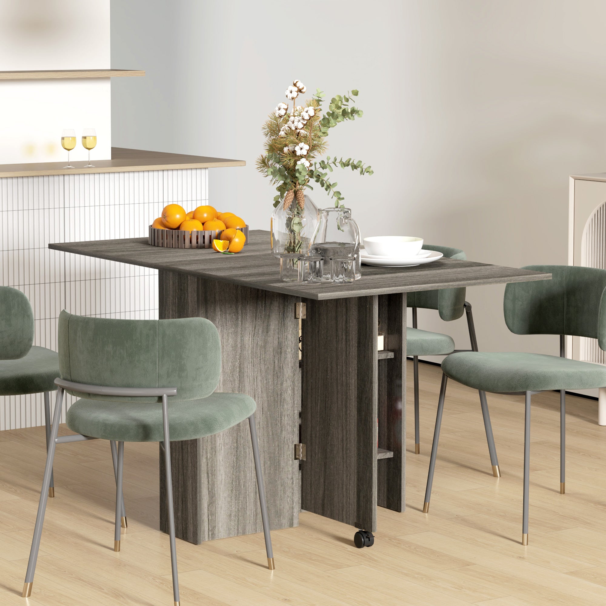 Extendable Dining Table, Collapsible Folding Table w/ 2-tier Shelves and Rolling Casters, Grey Wood Grain Dining Tables   at Gallery Canada