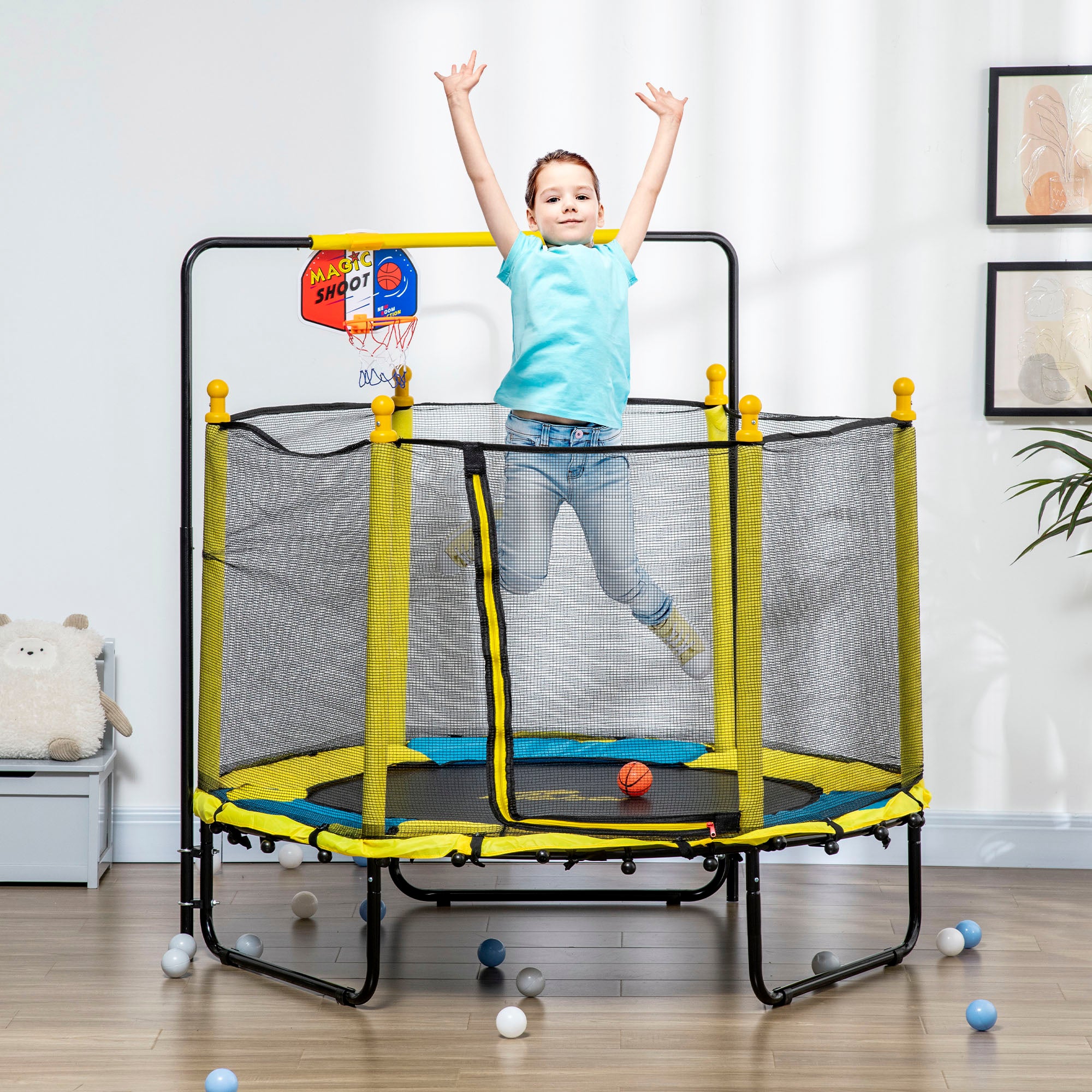4.6ft Kids Trampoline with Basketball Hoop, Horizontal Bar with Net for Children Ages 3-10, Yellow Trampolines at Gallery Canada