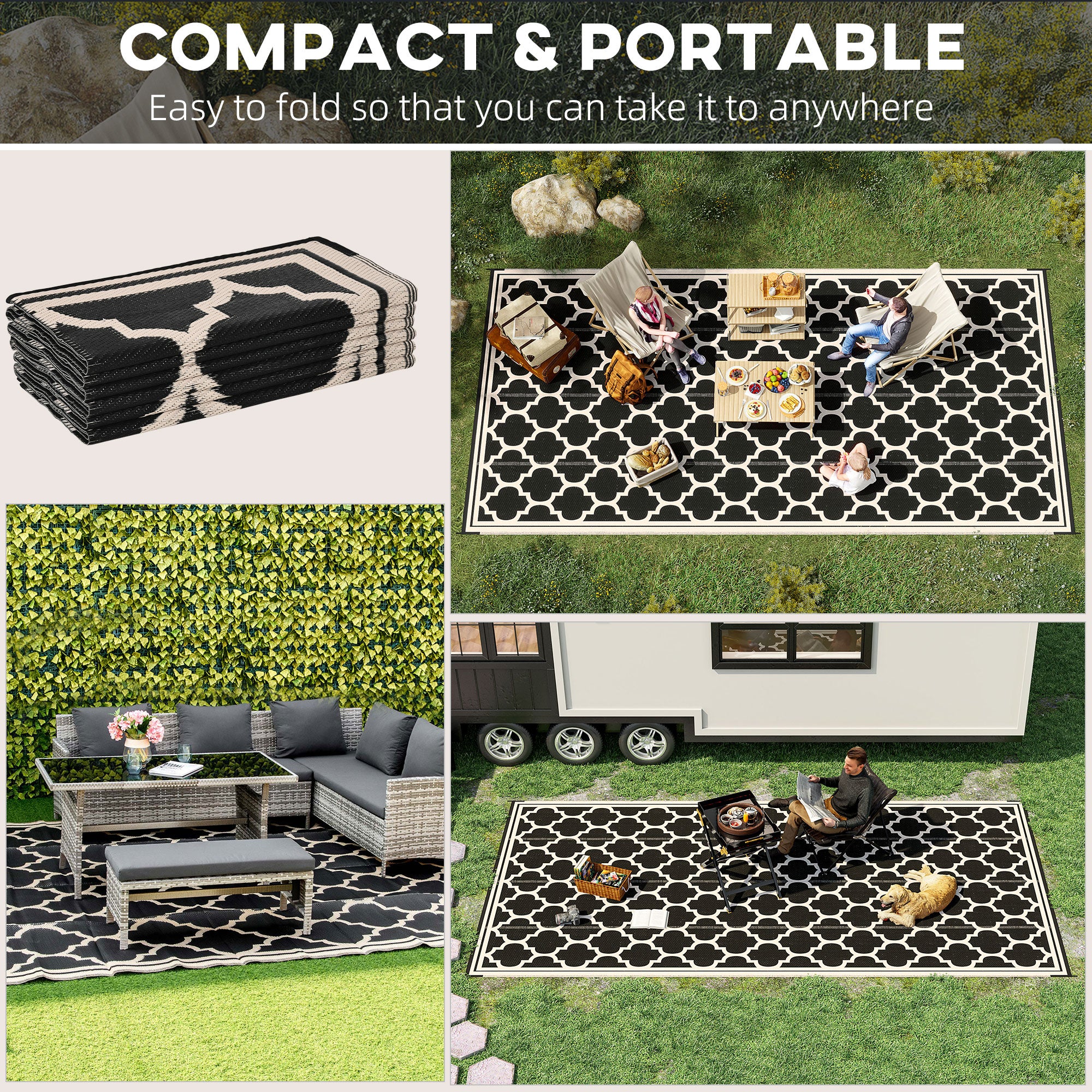 Reversible Outdoor RV Rug, 9' x 18' Patio Floor Mat, Plastic Straw Rug for Backyard, Deck, Picnic, Beach, Camping, Black and Beige Outdoor Reversible Rugs at Gallery Canada