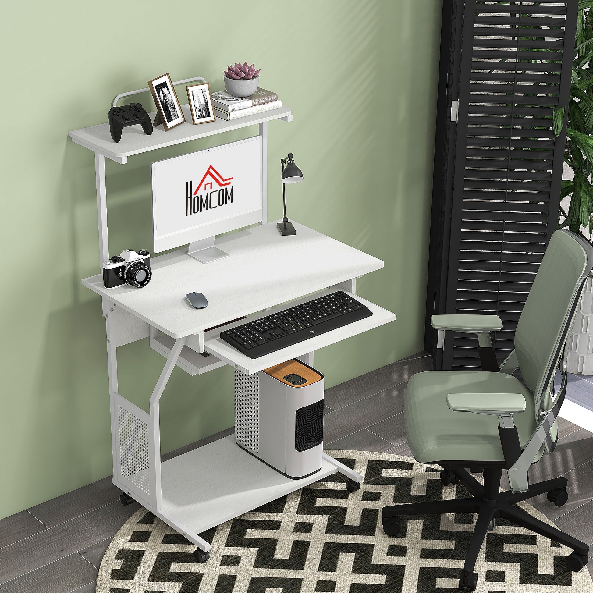 32" Mobile Computer Table, Rolling Study Desk for Home Office with Keyboard Tray, Storage Shelves, Wheels, White Computer Desks White  at Gallery Canada