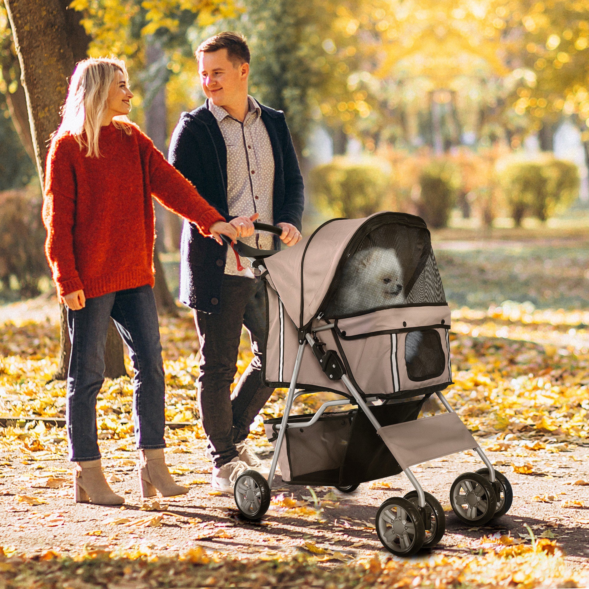 4 Wheel Dog Pet Stroller Dog Cat Carrier Folding Sunshade Canopy with Brake, Brown Dog Bike Trailers & Strollers at Gallery Canada