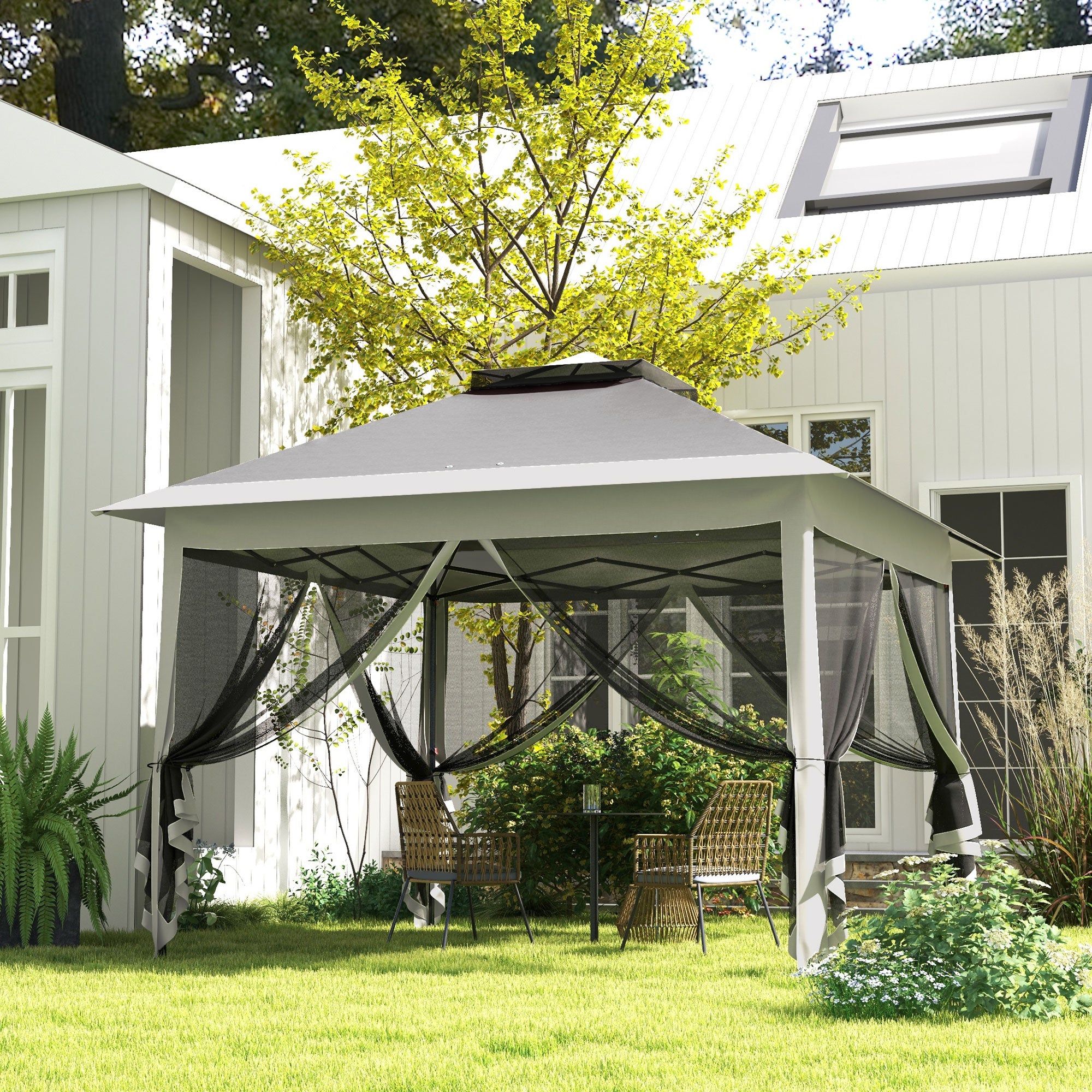 11' x 11' Pop Up Gazebo, Double Roof Foldable Height Adjustable Canopy Tent with Mesh Sidewalls, Carrying Bag, Dark Grey Pop Up Canopies at Gallery Canada