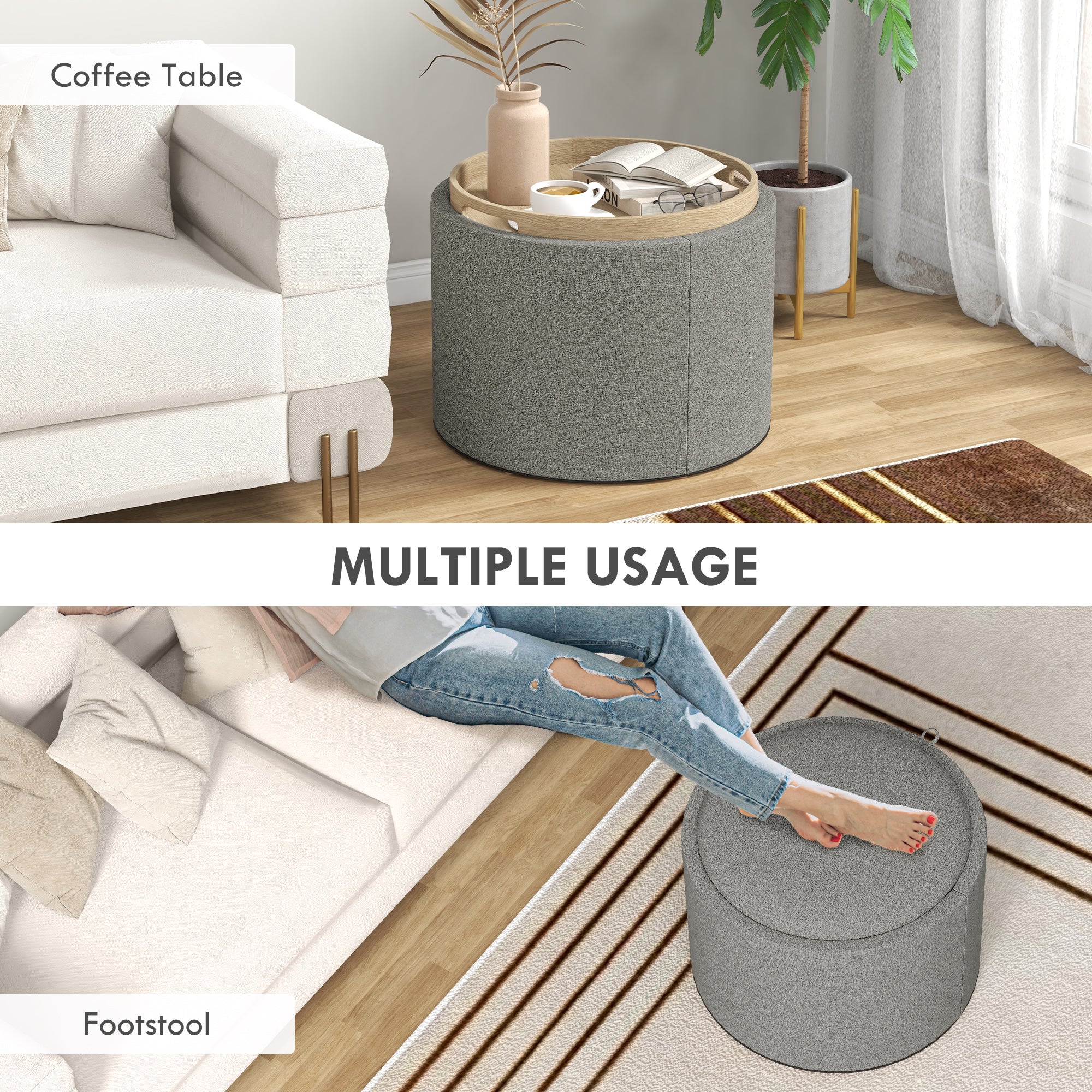 Round Coffee Table, End Table with Hidden Storage and Tray Top, Linen Upholstered Footrest for Living Room Coffee Tables   at Gallery Canada