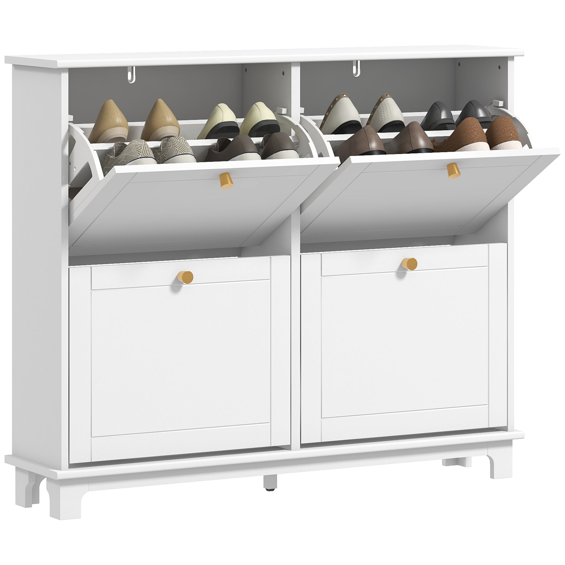 Modern Shoe Storage Cabinet, Narrow Shoe Cabinet with 4 Flip Drawers, Adjustable Shelves, 5 Legs for Entryway, White Shoe Storage Cabinets & Racks   at Gallery Canada