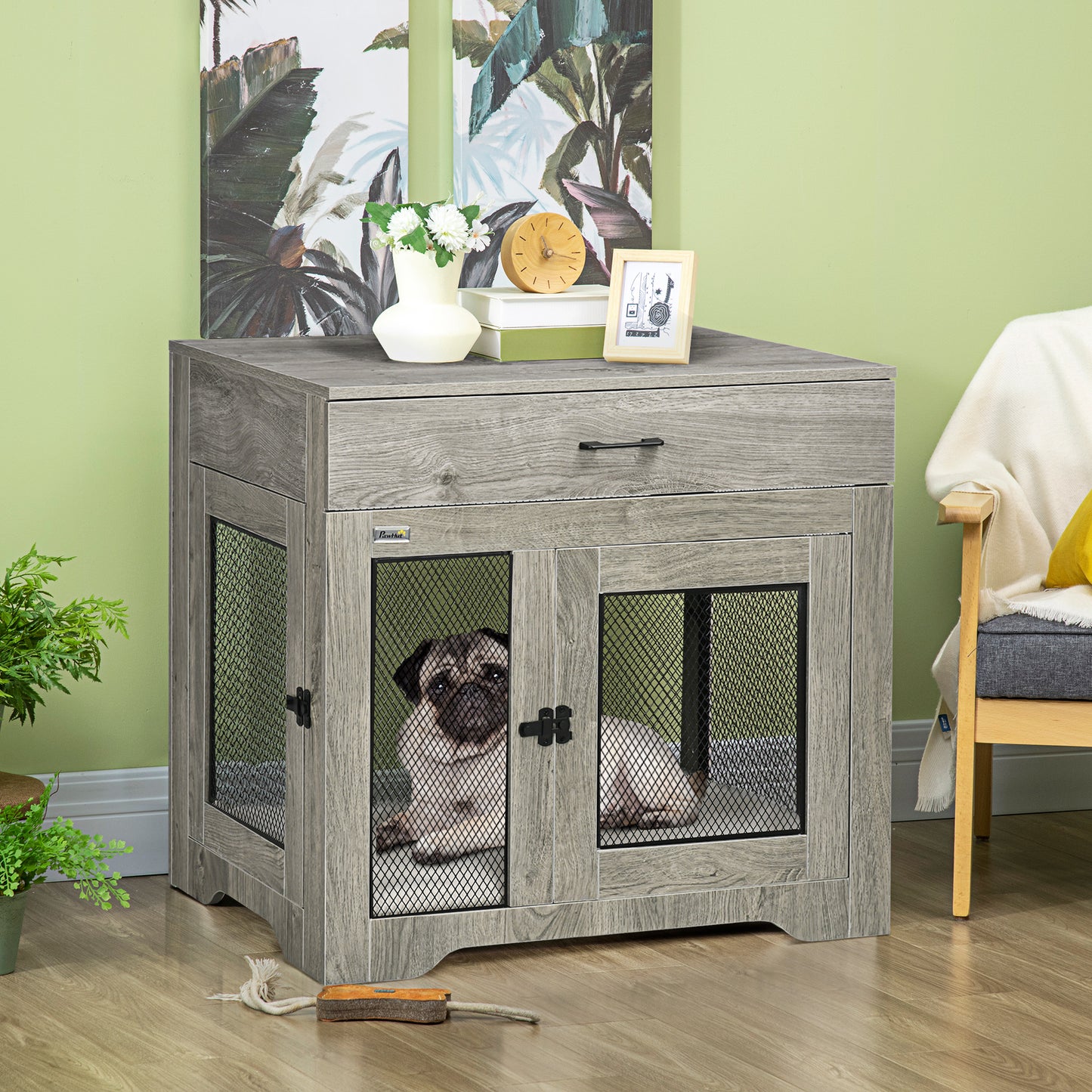 Dog Crate Furniture with Cushion, 2 Doors, Storage, Dog Kennel End Table for Small Medium Dogs, Grey Houses, Kennels & Pens Multi Colour at Gallery Canada