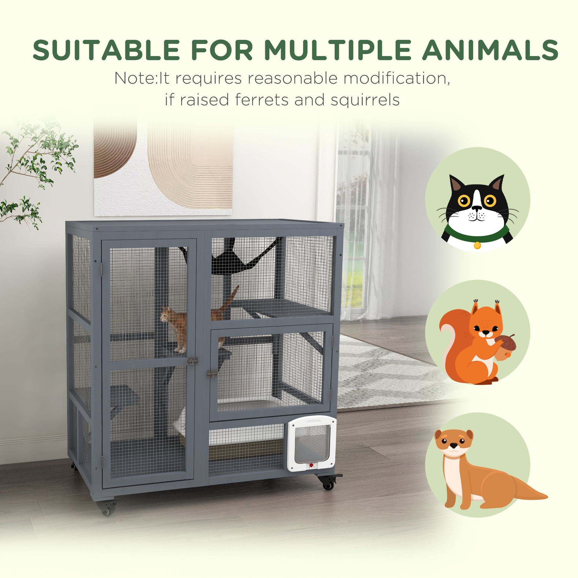 Cat Condo Wooden Indoor Cat House on Wheels with Cat Flap Door Platforms Hammock Openable Top for 2 Cats, Light Grey Outdoor Cat Enclosures   at Gallery Canada