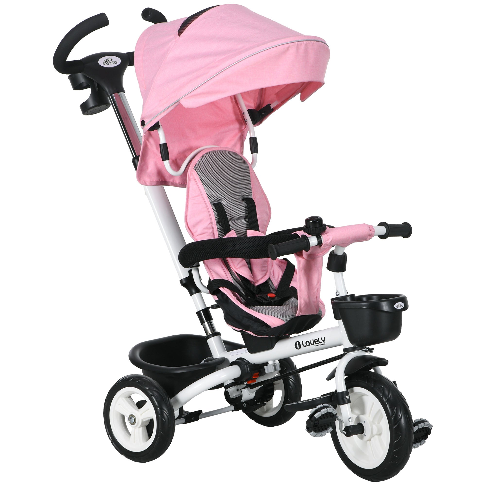 6 in 1 Toddler Tricycle with Parent Push Handle, Canopy, Storage Baskets, Cupholder, Pink Tricycles for Kids at Gallery Canada