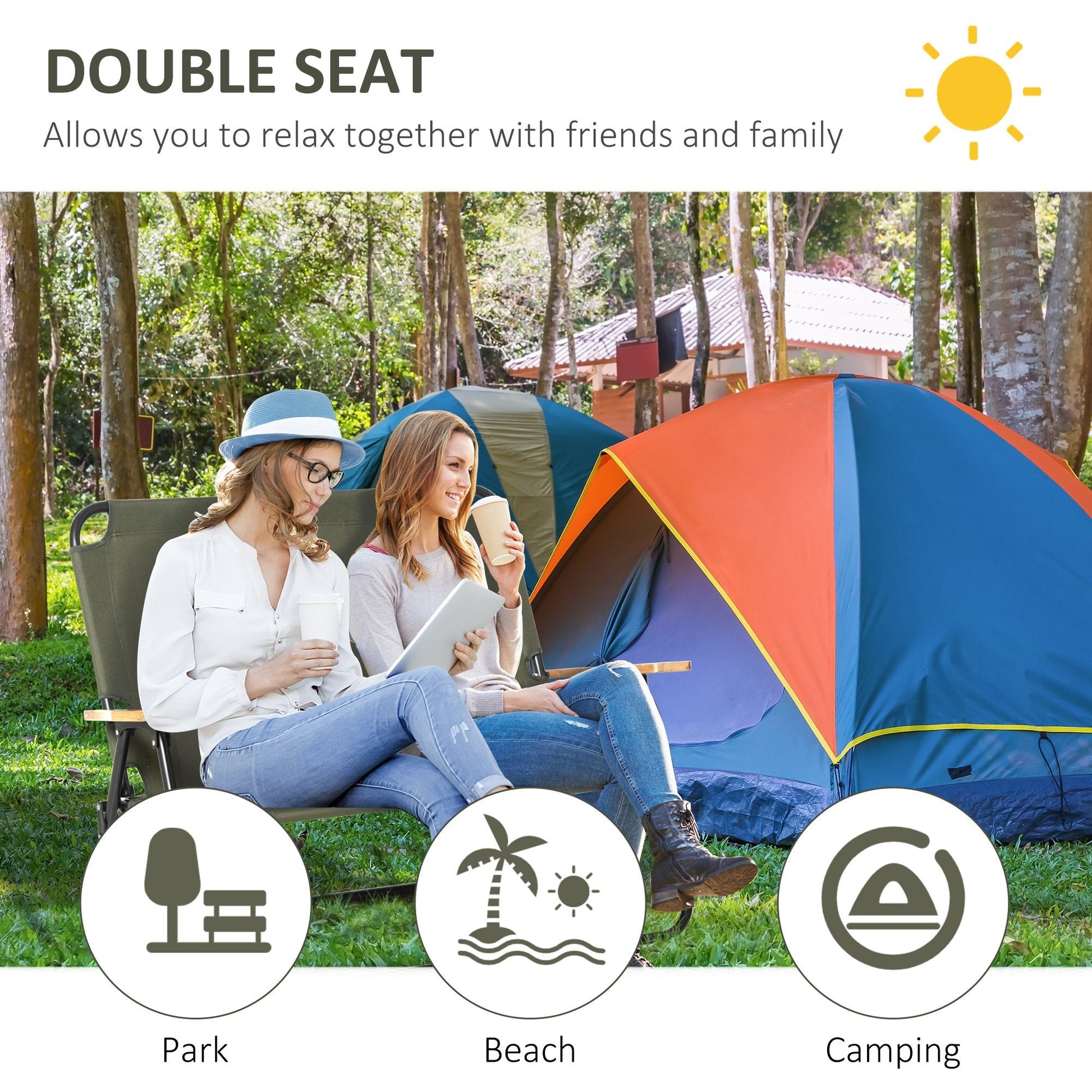 Double Folding Chair, Loveseat Camping Chair for 2 Person, Portable Outdoor Chair with Wood Armrest for Fishing Travel, Green Picnic Tables & Camping Chairs   at Gallery Canada