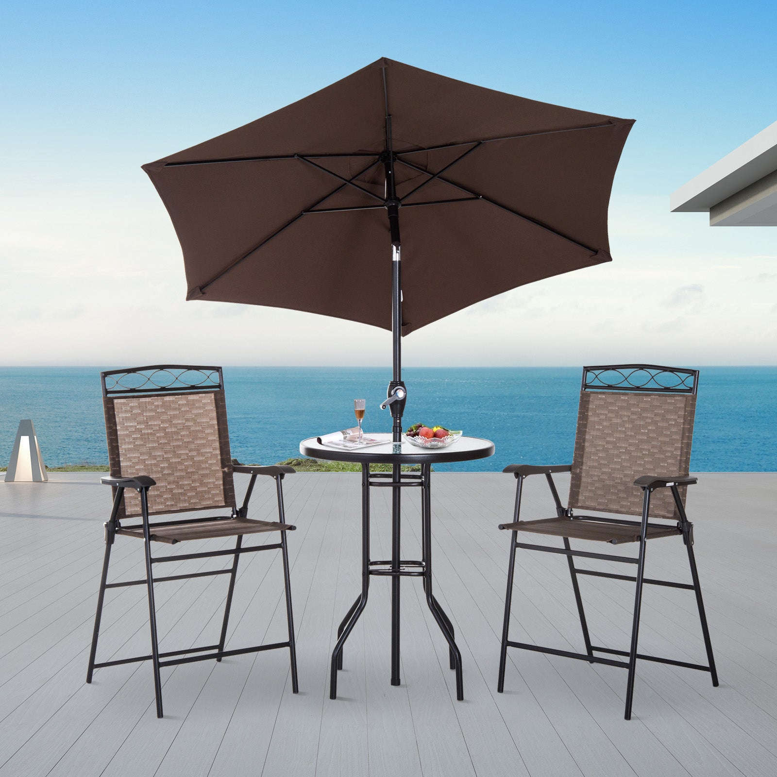 4 Piece Patio Bar Set, Sling Folding Outdoor Furniture with Umbrella for Poolside, Backyard and Garden, Brown Bistro Sets at Gallery Canada