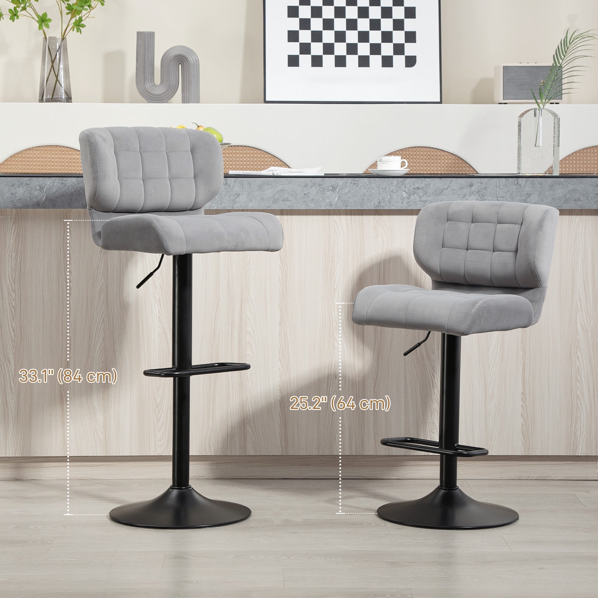 Swivel Velvet-feel Fabric Barstools Set of 2 Adjustable Bar Stools with Footrest for Counter Dining Room Grey Bar Stools   at Gallery Canada