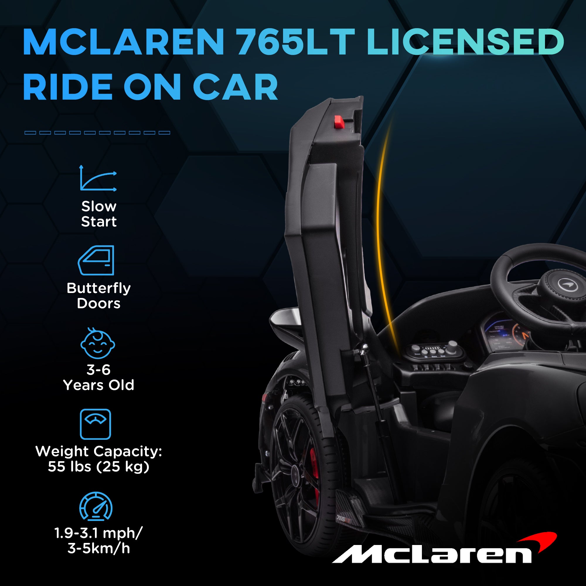 McLaren 765LT Licensed 12V Kids Electric Car w/ Scissor Doors, Training Wheels, Remote, Slow Start, Music Horn Black Electric Toy Cars   at Gallery Canada