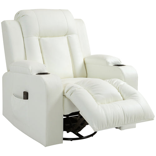 Massage Recliner Chair for Living Room with 8 Vibration, Overstuffed PU Leather Manual Reclining Chair with Wide Seat, Cup Holders, 360° Swivel, Rocking, Cream White