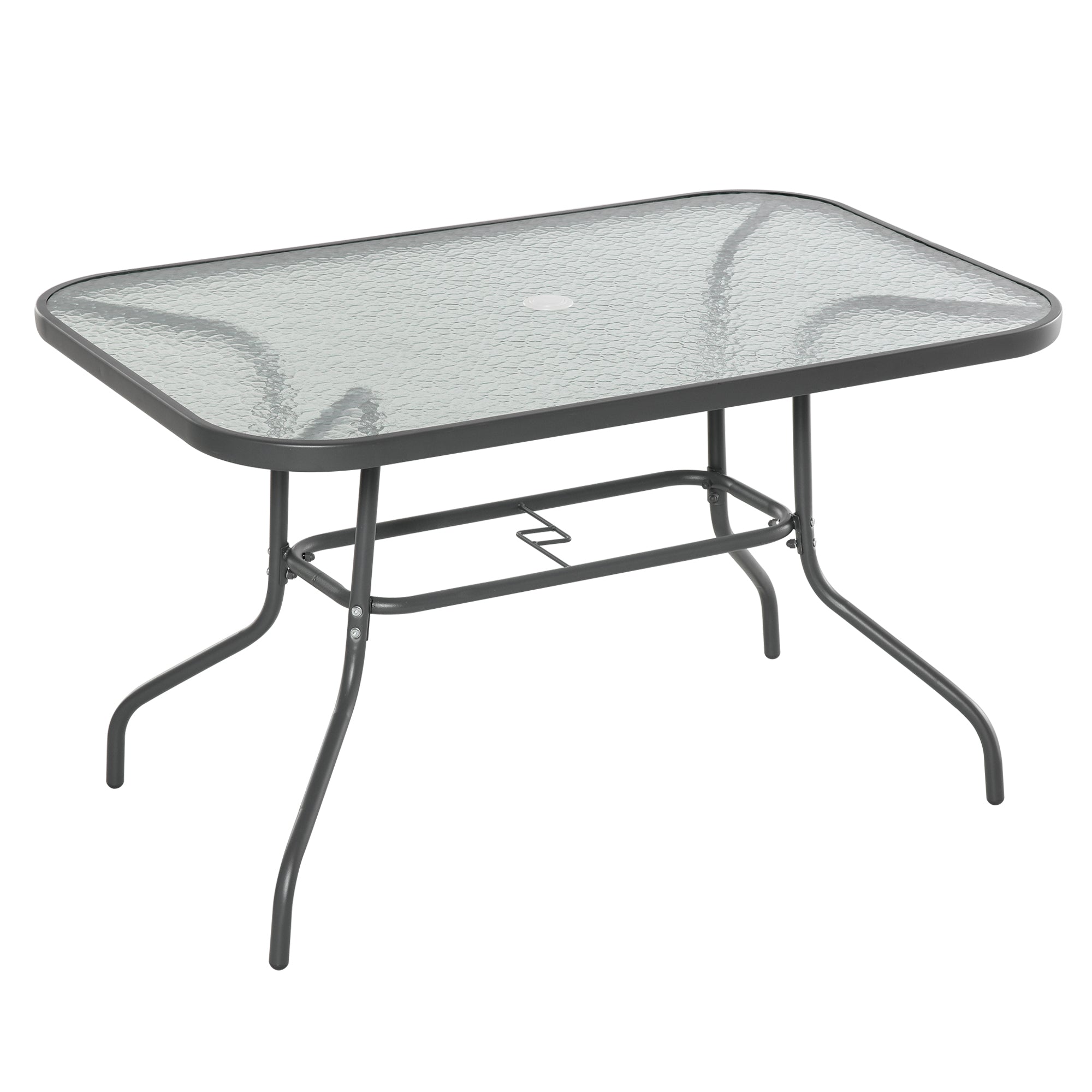 Metal Garden Dining Tables Outdoor Patio w/ Tempered Glass Top, Umbrella Hole, 47.25