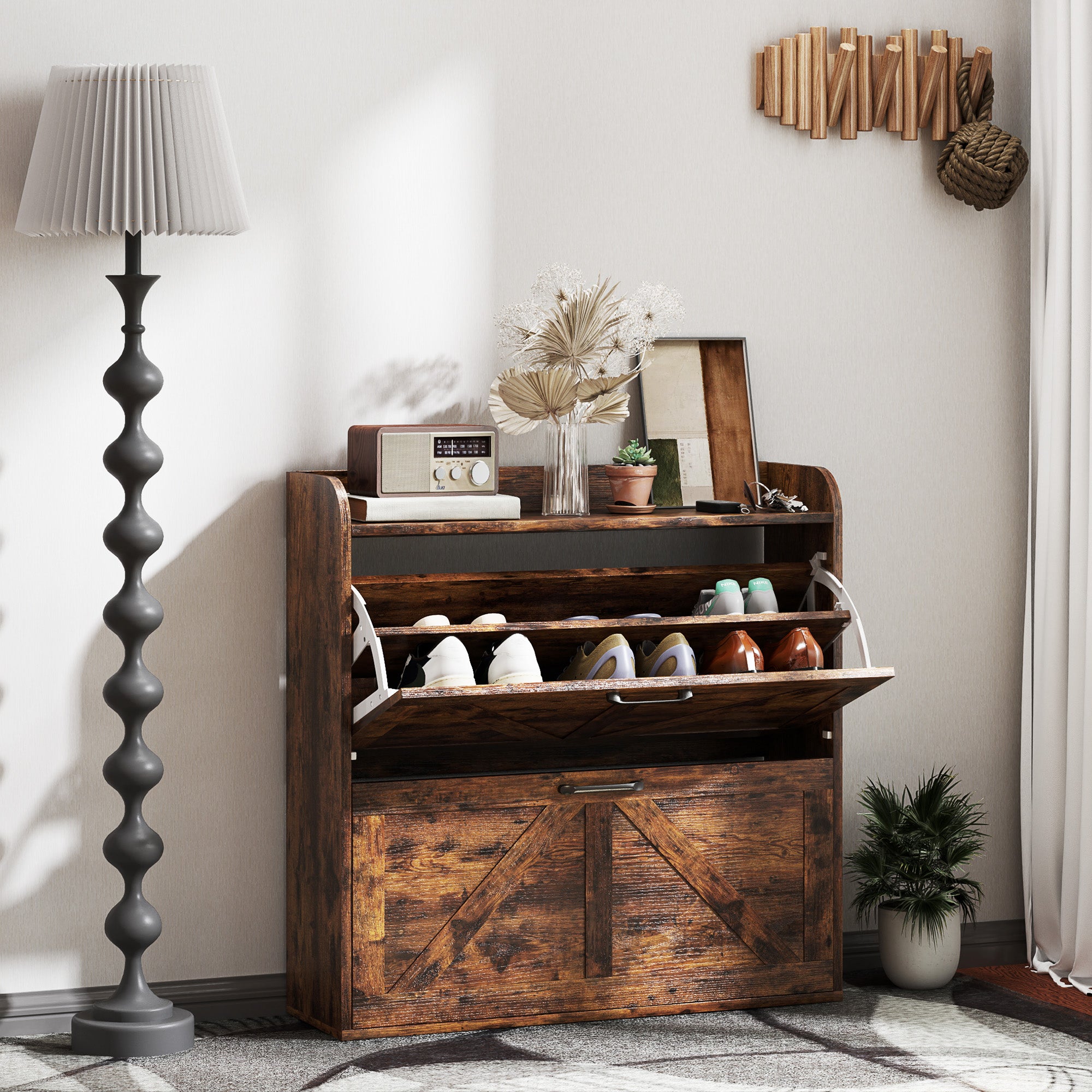 Narrow Shoe Storage Cabinet, Farmhouse Slim Shoe Cabinet with 2 Flip Drawers, Adjustable Shelves, Rustic Brown Shoe Storage Cabinets & Racks Rustic Brown at Gallery Canada