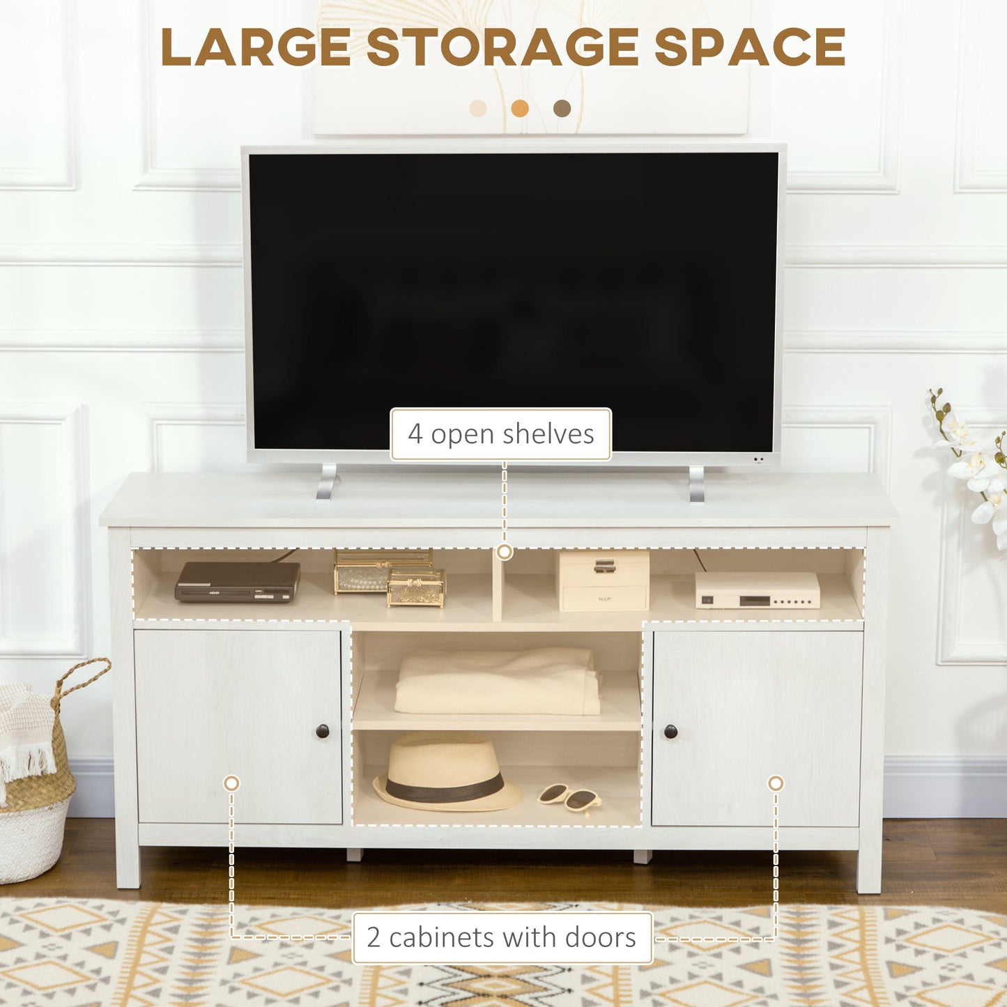 TV Stand for TVs up to 55", TV Unit with Storage Cupboard and Shelves, 55.1" x 15.7" x 27", White TV Stands   at Gallery Canada