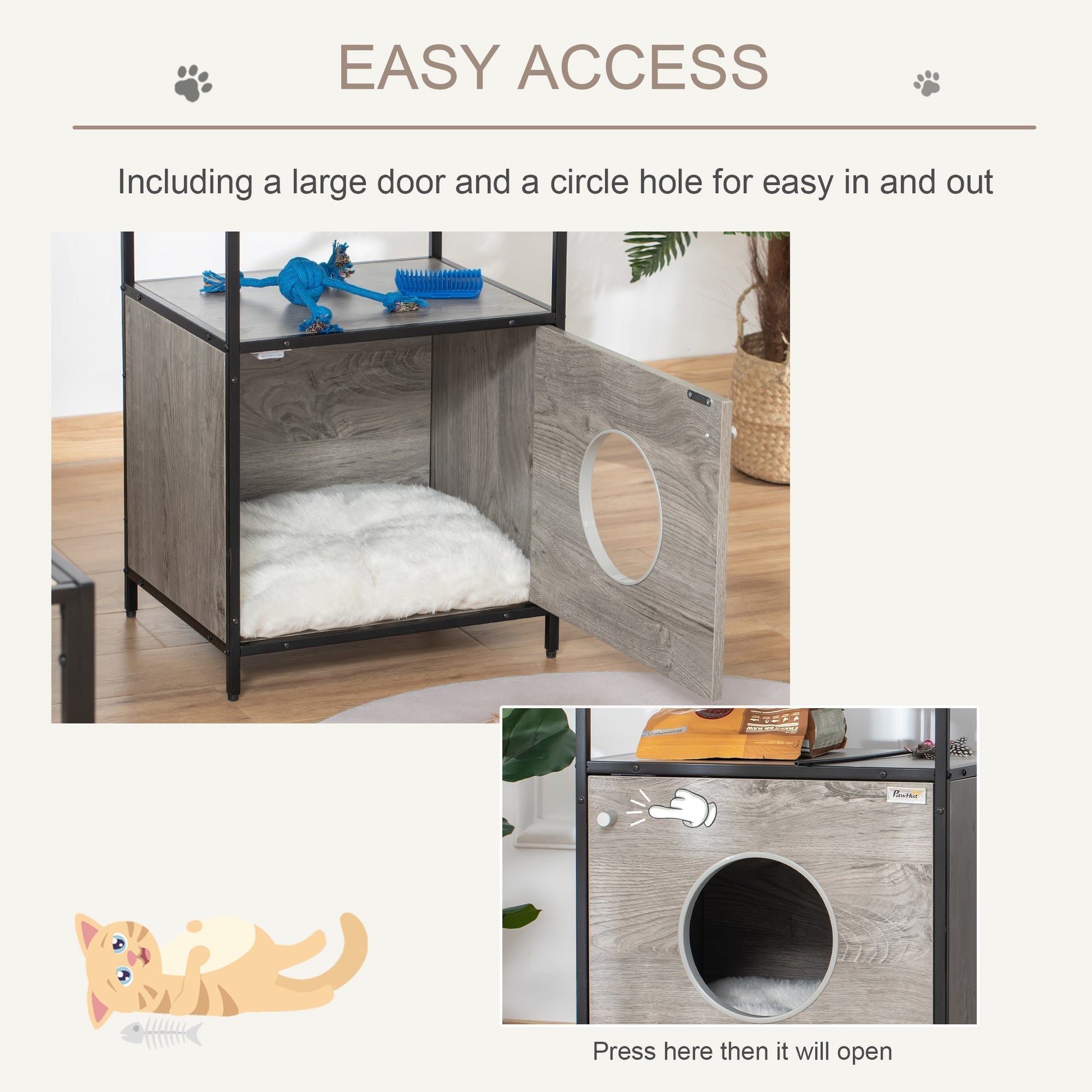 Wooden Cat House Kitty Shelter Bed with Washable Cushion and Open Shelf, Grey, 19" x 15.75" x 25.75" Cat Houses   at Gallery Canada