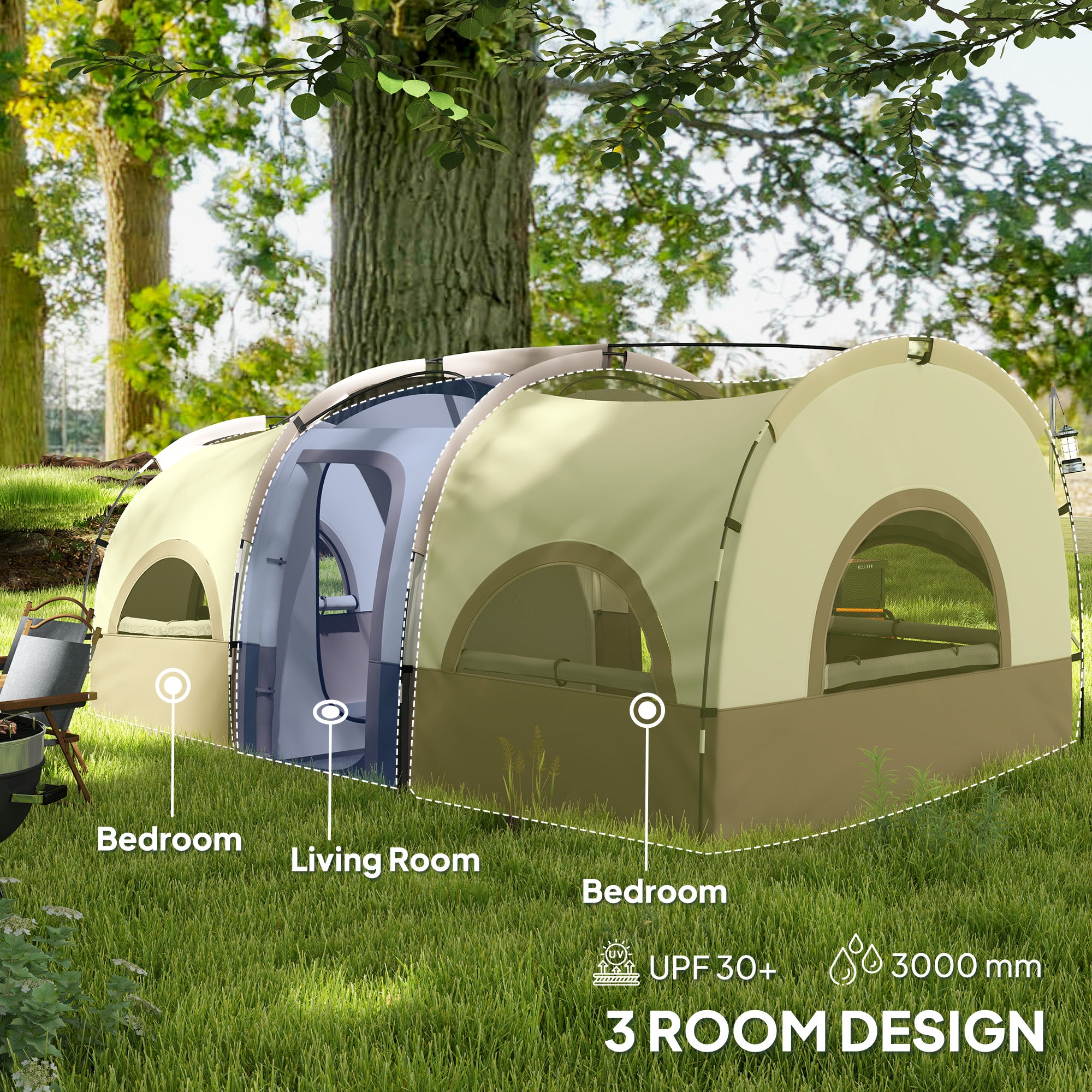 4-6 Person Camping Tent, 3 Room Cabin Tent, 3000mm Waterproof and UPF30+ with Sewn in Groundsheet and Carry Bag, Khaki Camping Tents at Gallery Canada