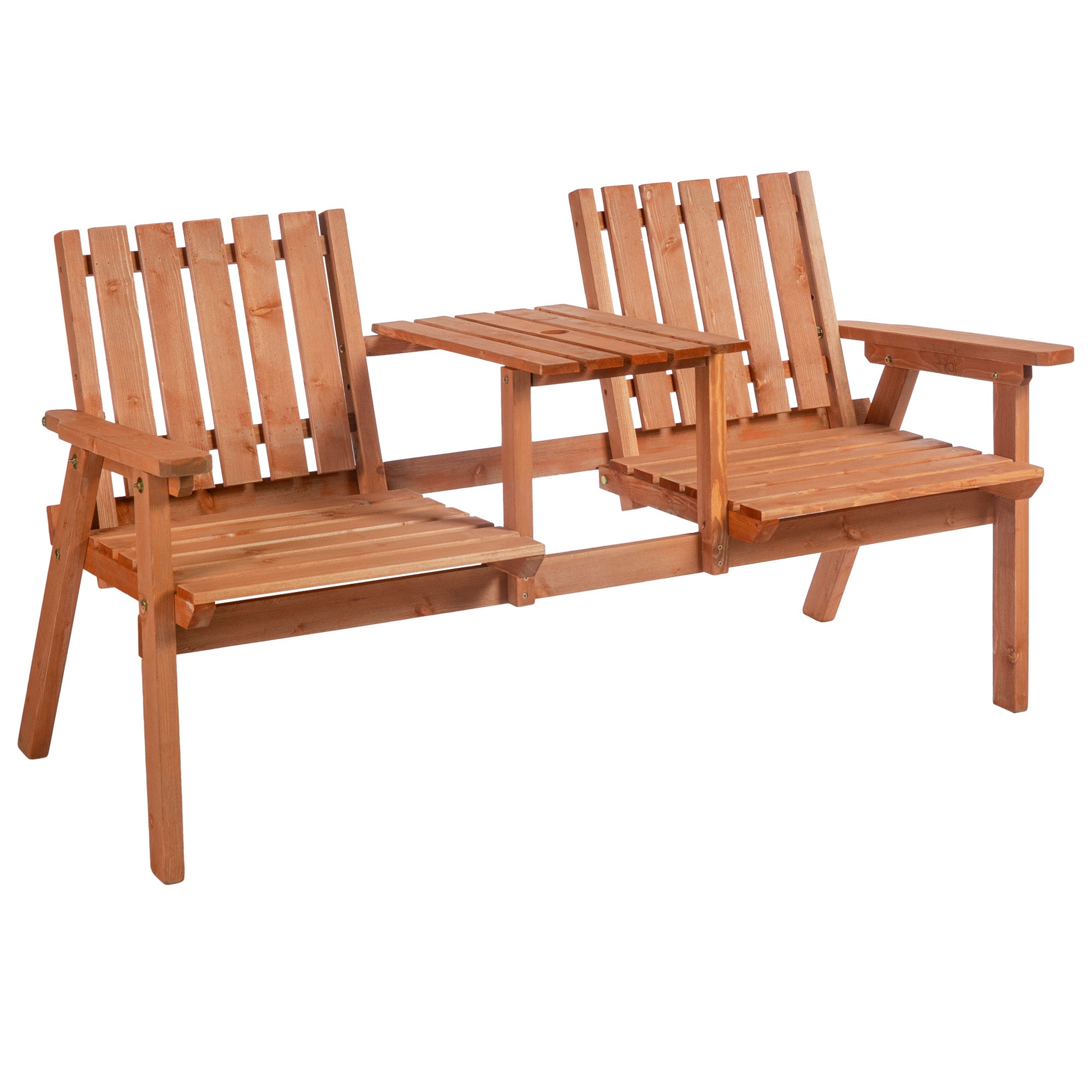 Garden Bench for 2 Persons with Middle Table and Umbrella Hole, 2-Seater Outdoor Wooden Bench with Slat Design, Orange Outdoor Benches at Gallery Canada