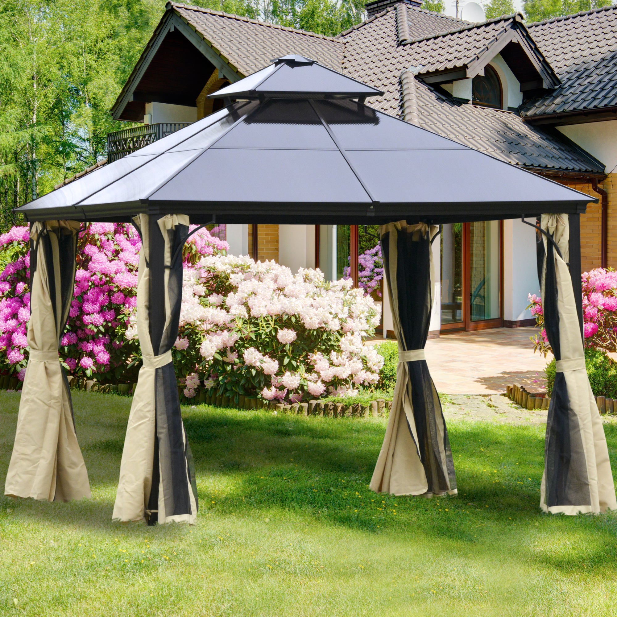 10' x 10' 2-Tier Outdoor Gazebo Canopy with Polycarbonate Roof, Curtains and Netting, for Garden, Deck, Beige Gazebos at Gallery Canada