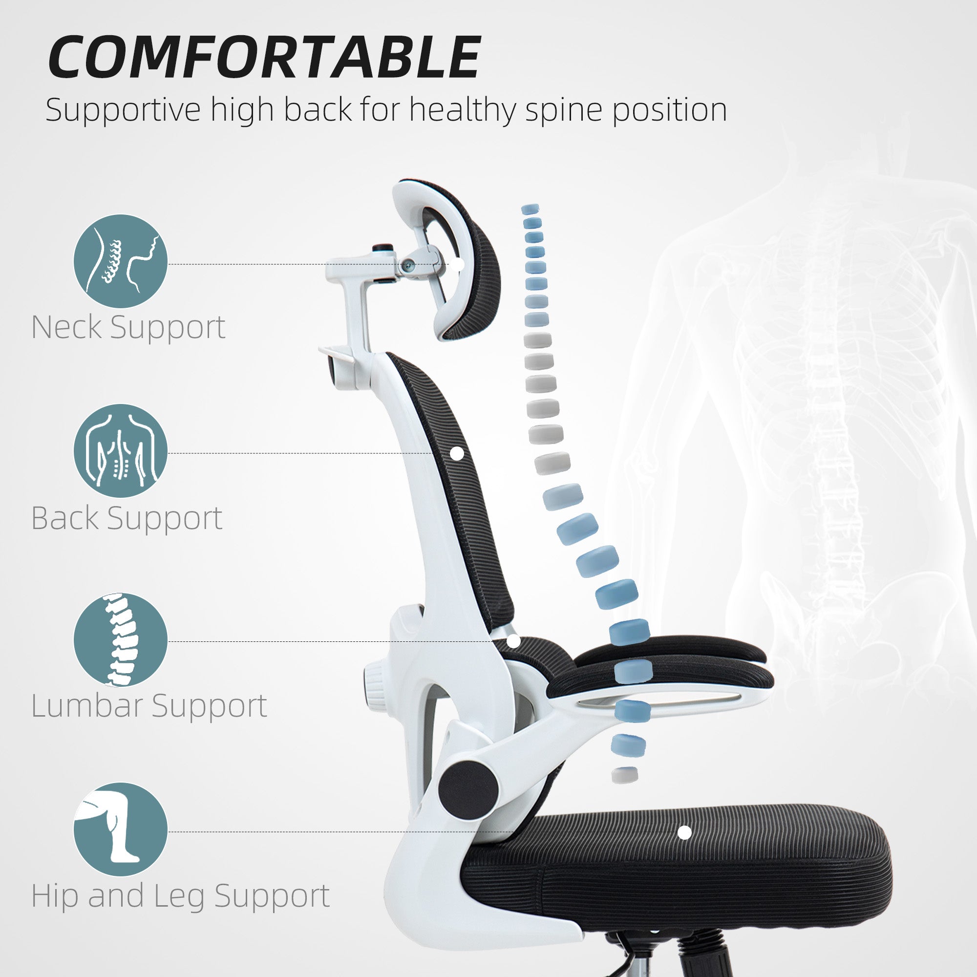 Mesh Office Chair, Ergonomic Desk Chair with Flip-up Armrest, Rotatable Headrest, Adjustable Lumbar Support, Black Office Chairs at Gallery Canada