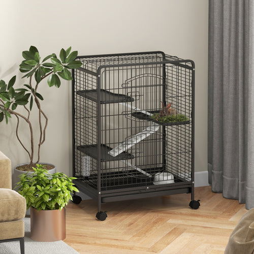 4-Tier Small Animal Cage Pet Playpen for Rabbit Ferret Chinchilla on Wheels with Removable Tray Platform Ramp Food Dish Water Bottle, 24