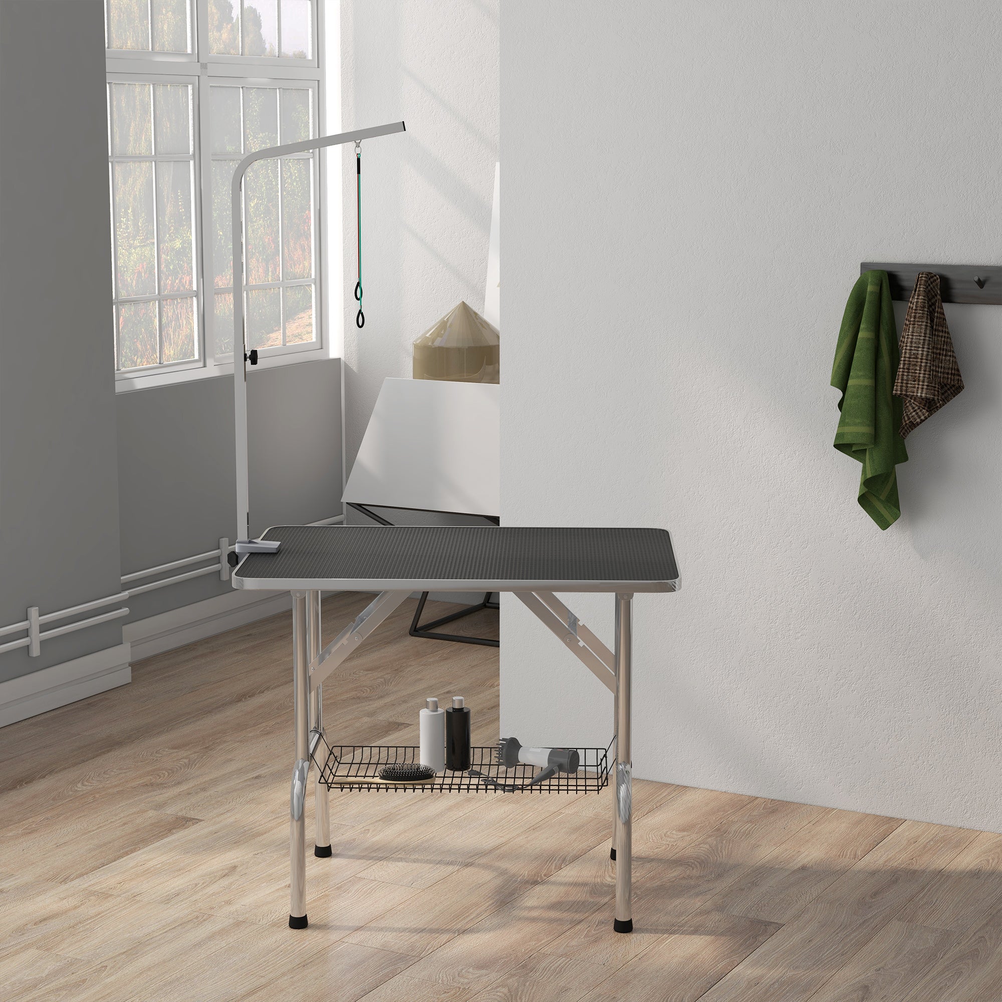 Foldable Grooming Table for Dogs with Height Adjustable Grooming Arm, Storage Shelf, Black Dog Grooming Tables at Gallery Canada