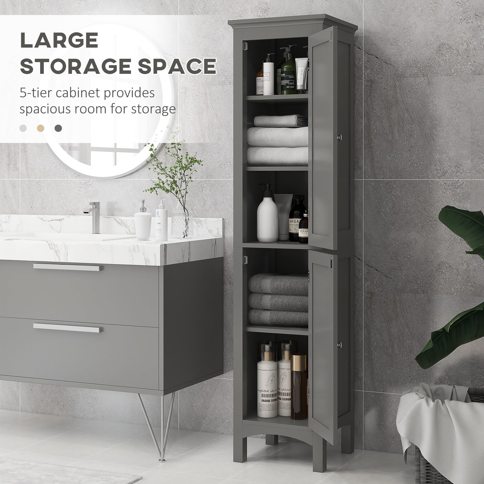 Tall Bathroom Cabinet, Freestanding Storage Organizer with Adjustable Shelves and Cupboards, 15" x 13" x 63", Grey Bathroom Cabinets   at Gallery Canada