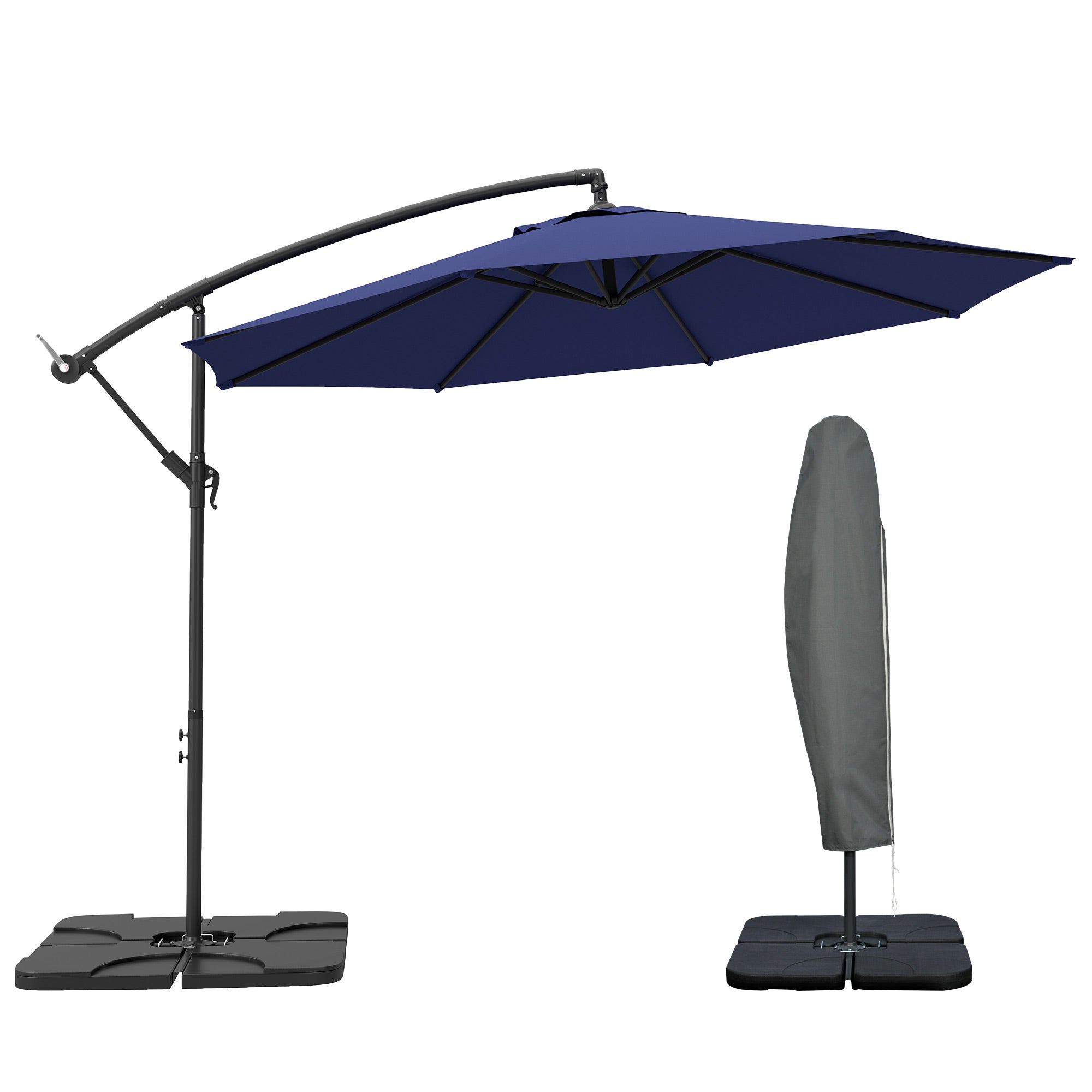 9.6ft Offset Patio Umbrella Garden Hanging Parasol Banana Cantilever Umbrella with Base, Crank, Navy Blue Offset Cantilever Umbrellas at Gallery Canada