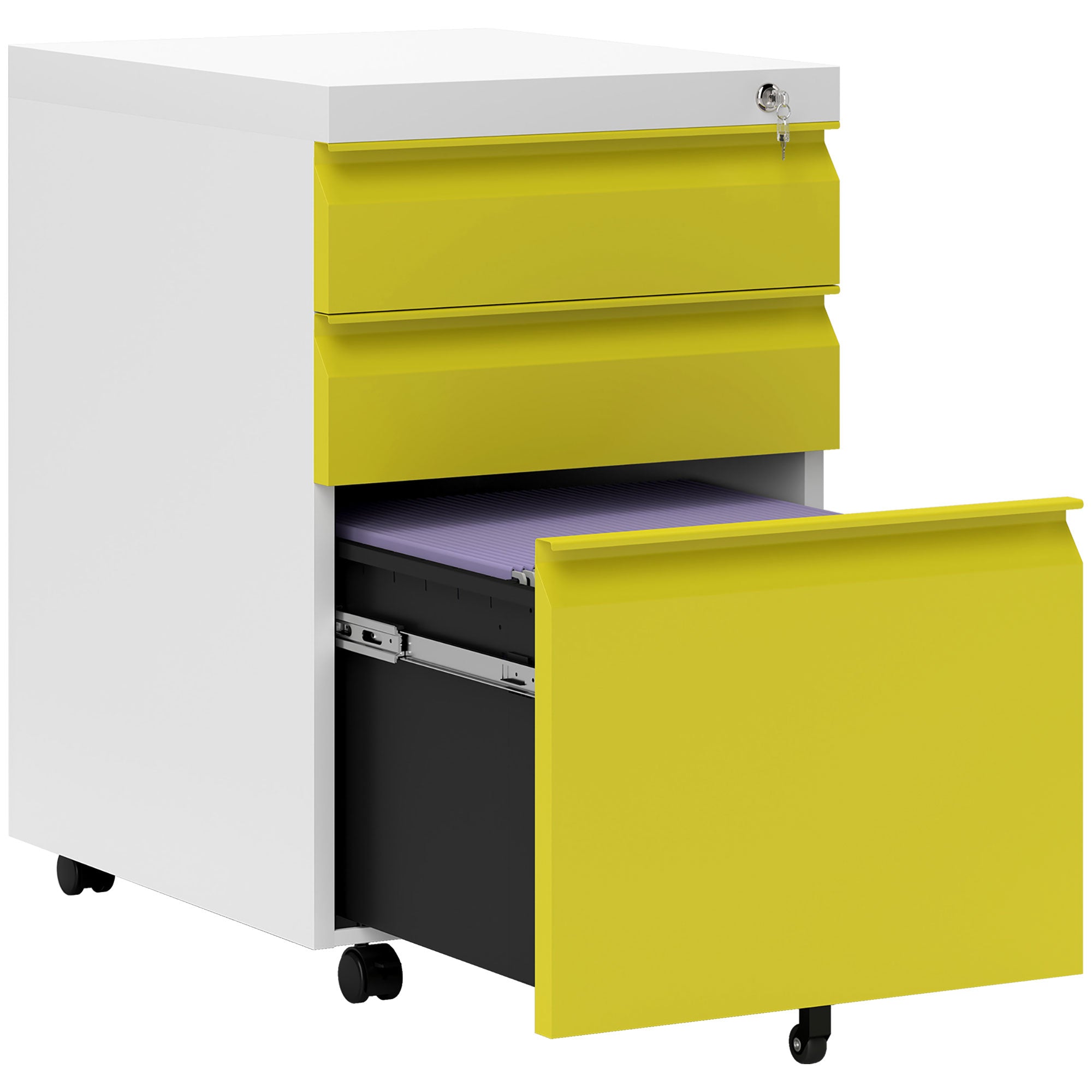 3 Drawer Filing Cabinet, Lockable Office Storage Cabinet on Wheels for Legal, Letter, A4 Files, Yellow Office Cabinets & Cupboards at Gallery Canada