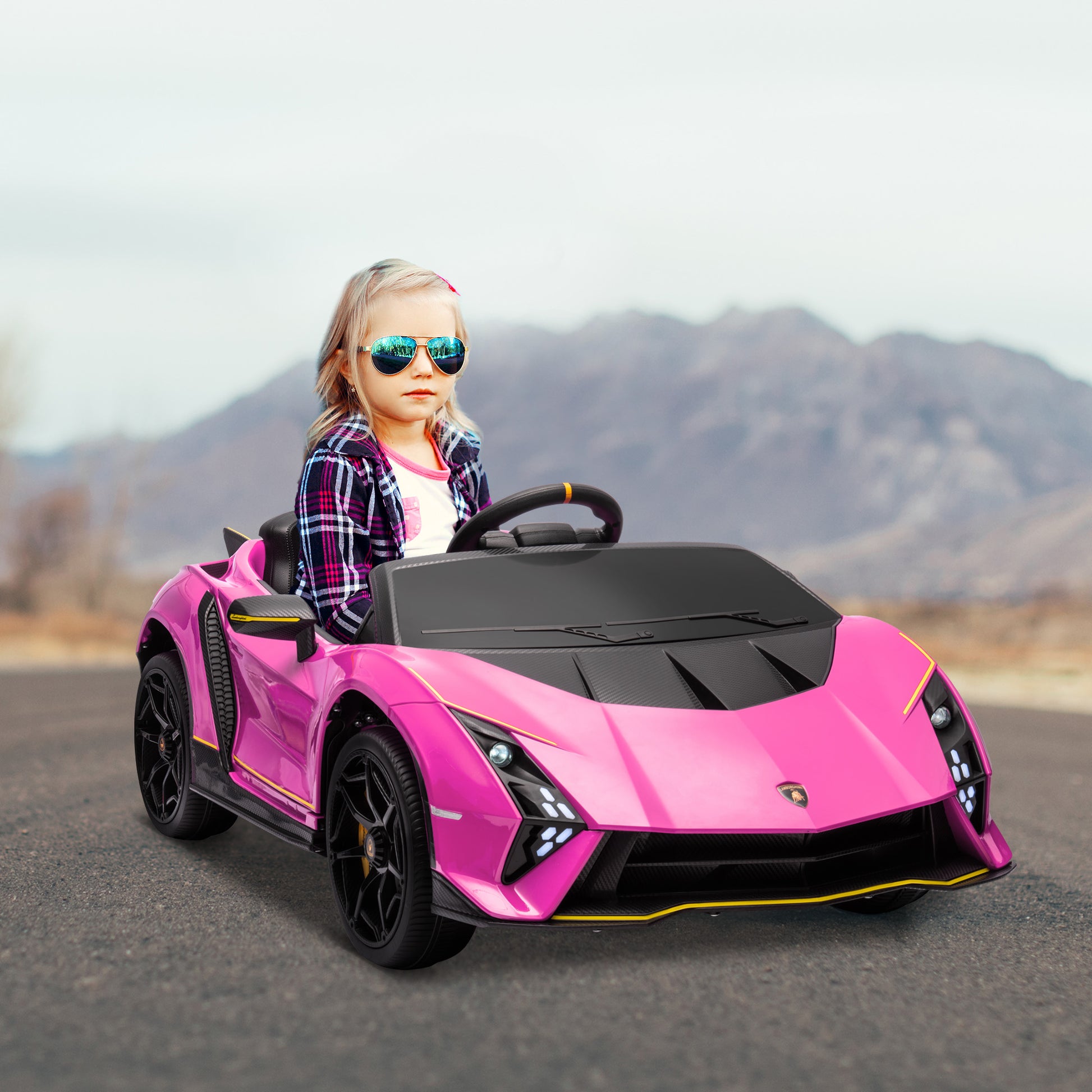 12V Lamborghini Autentica Licensed Kids Car with Remote Control, 4 Wheels Spring Suspension, Soft Start, Pink Electric Toy Cars   at Gallery Canada