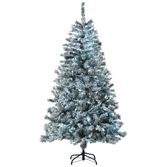 6' Prelit Artificial Flocked Christmas Trees, with Snow Frosted Branches, Cold White LED Lights, Auto Open, Green - Gallery Canada