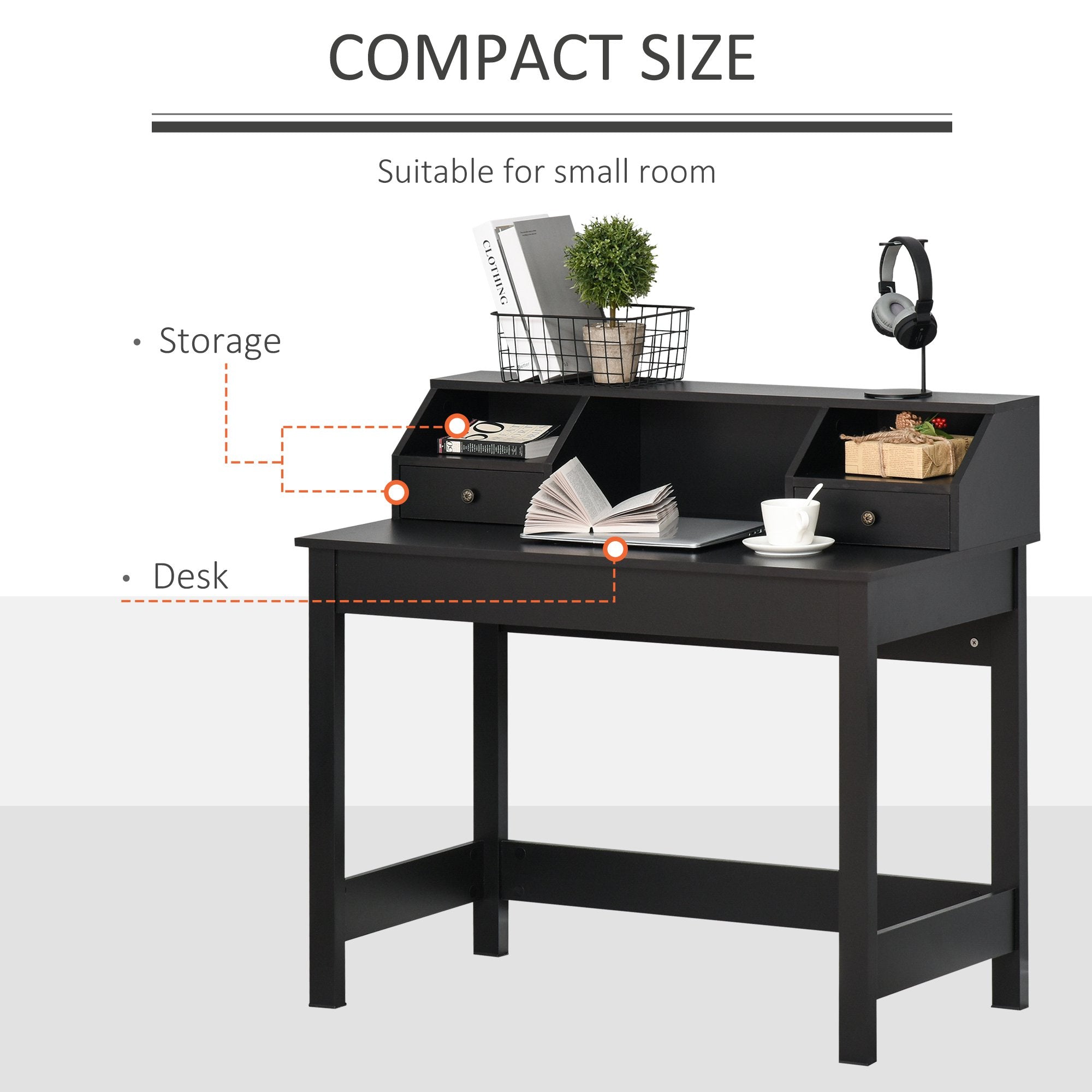 Rectangle Computer Desk with Display Shelves Drawers Home Office Table Workstation Black Wood Grain Writing Desks   at Gallery Canada