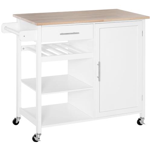 4-Tier Rolling Kitchen Island Utility Trolley Serving Cart Kitchen Storage Cart w/ Towel Rack, Butcher Block Countertop, Cabinet, Drawer, Shelves, White