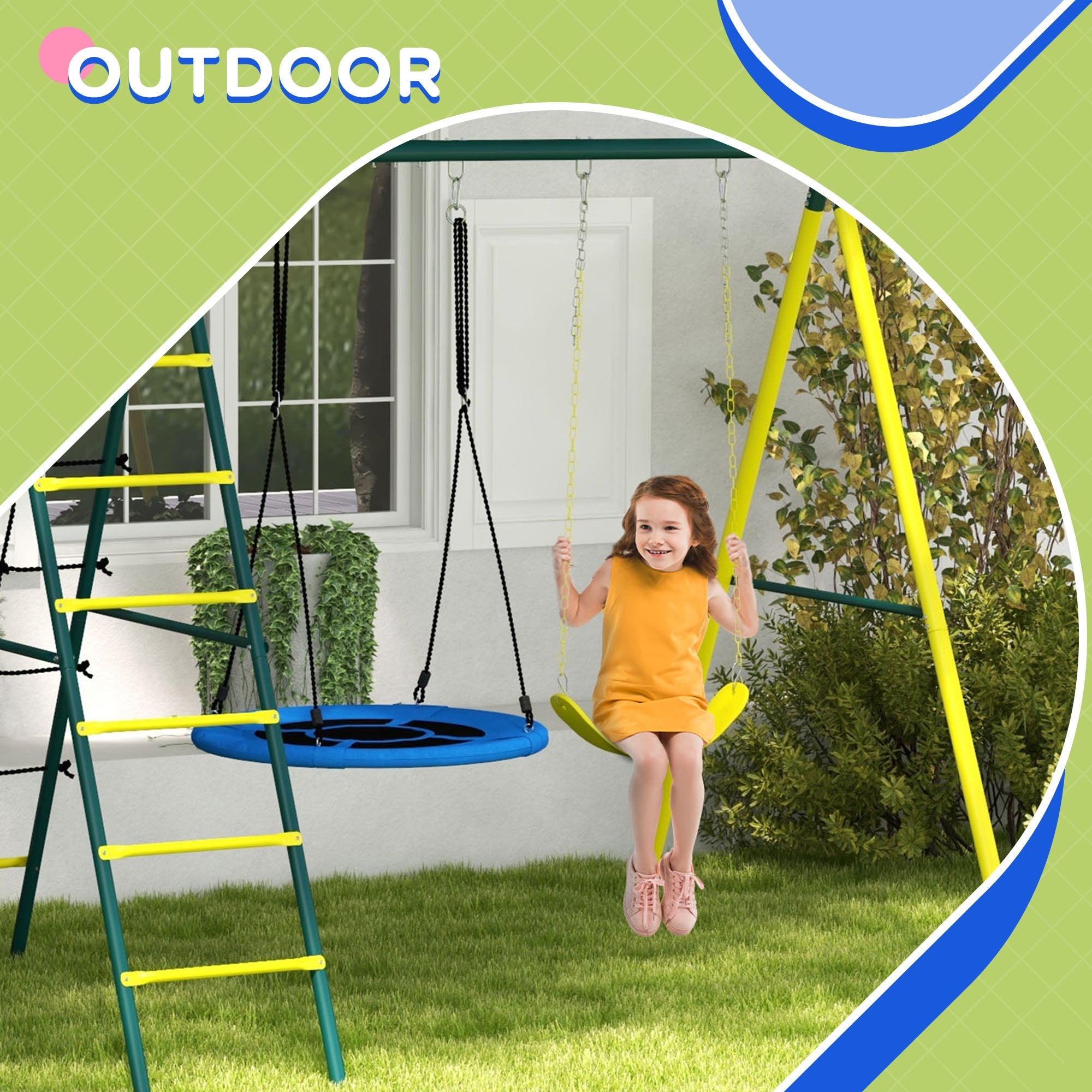 4 in 1 Swing Set for Kids with Saucer Swing, Seat, Climbing Ladder/Net, Basketball Hoop for 3-8 Years Old, Yellow Gym Sets & Swings   at Gallery Canada