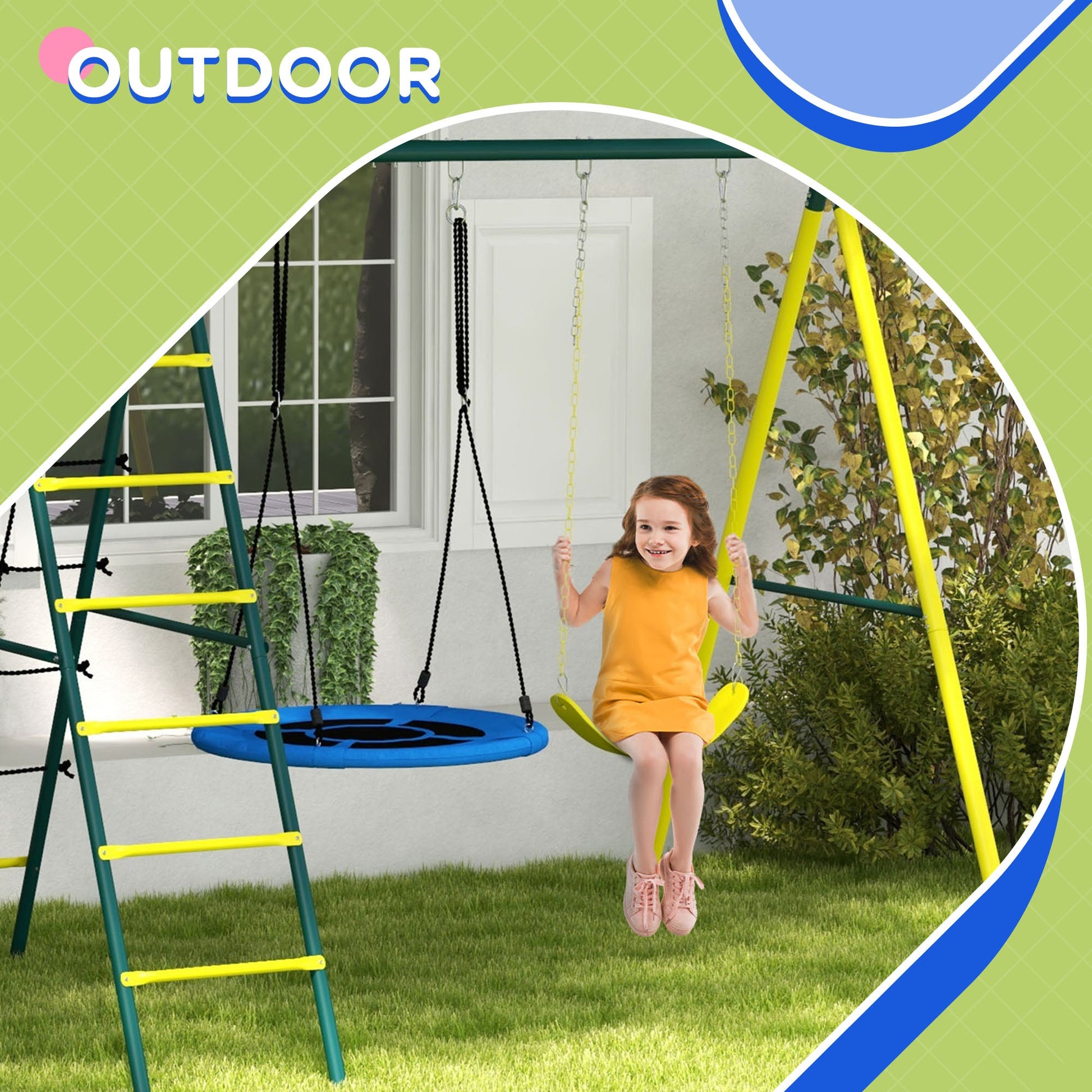 4 in 1 Swing Set for Kids with Saucer Swing, Seat, Climbing Ladder/Net, Basketball Hoop for 3-8 Years Old, Yellow - Gallery Canada