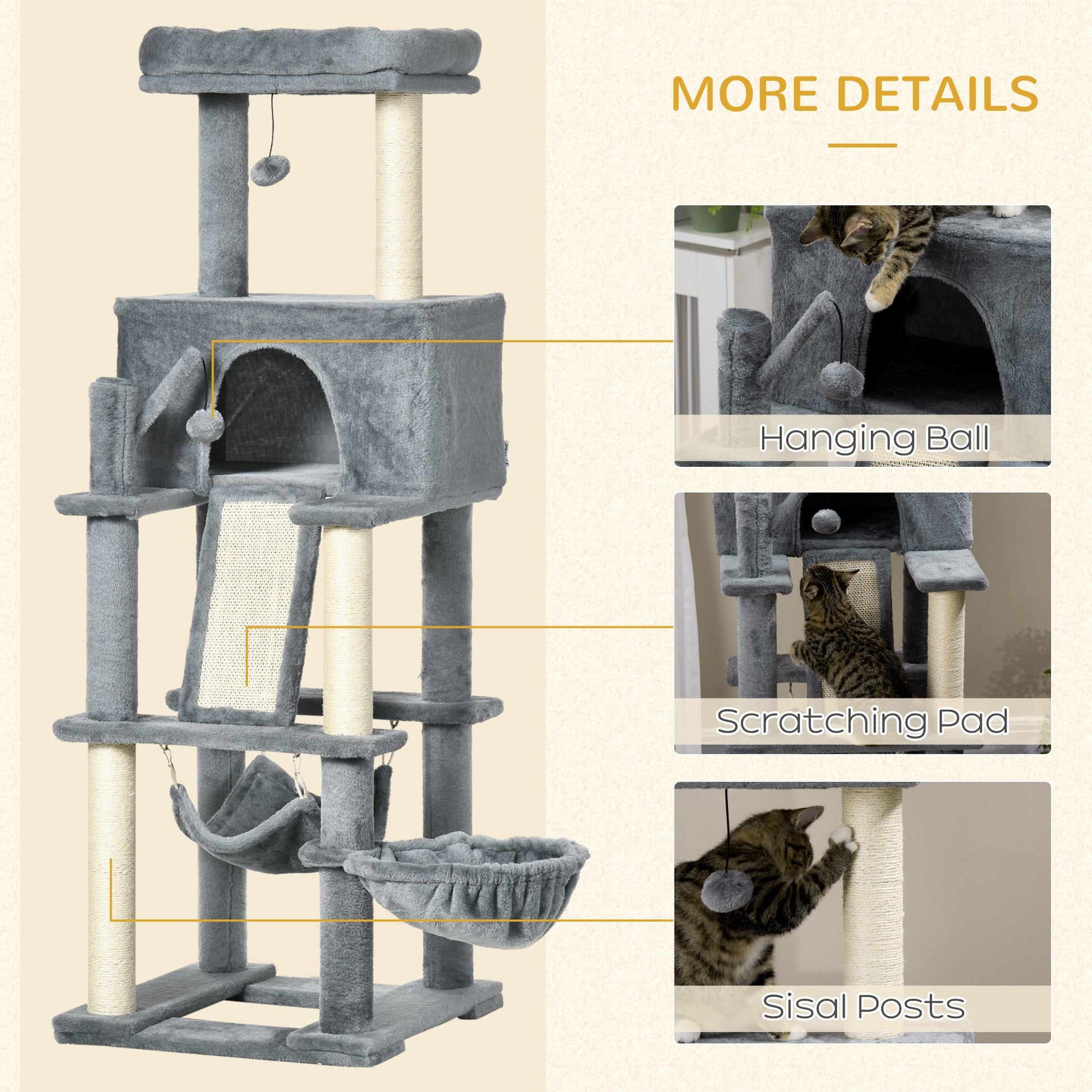 55" Cat Tree for Indoor Cats, Cat Tower, Kitty Activity Center with Cat Bed Ramp Condo Hammocks Hanging Ball Toys Sisal Rope Scratching Post, Grey Cat Towers   at Gallery Canada