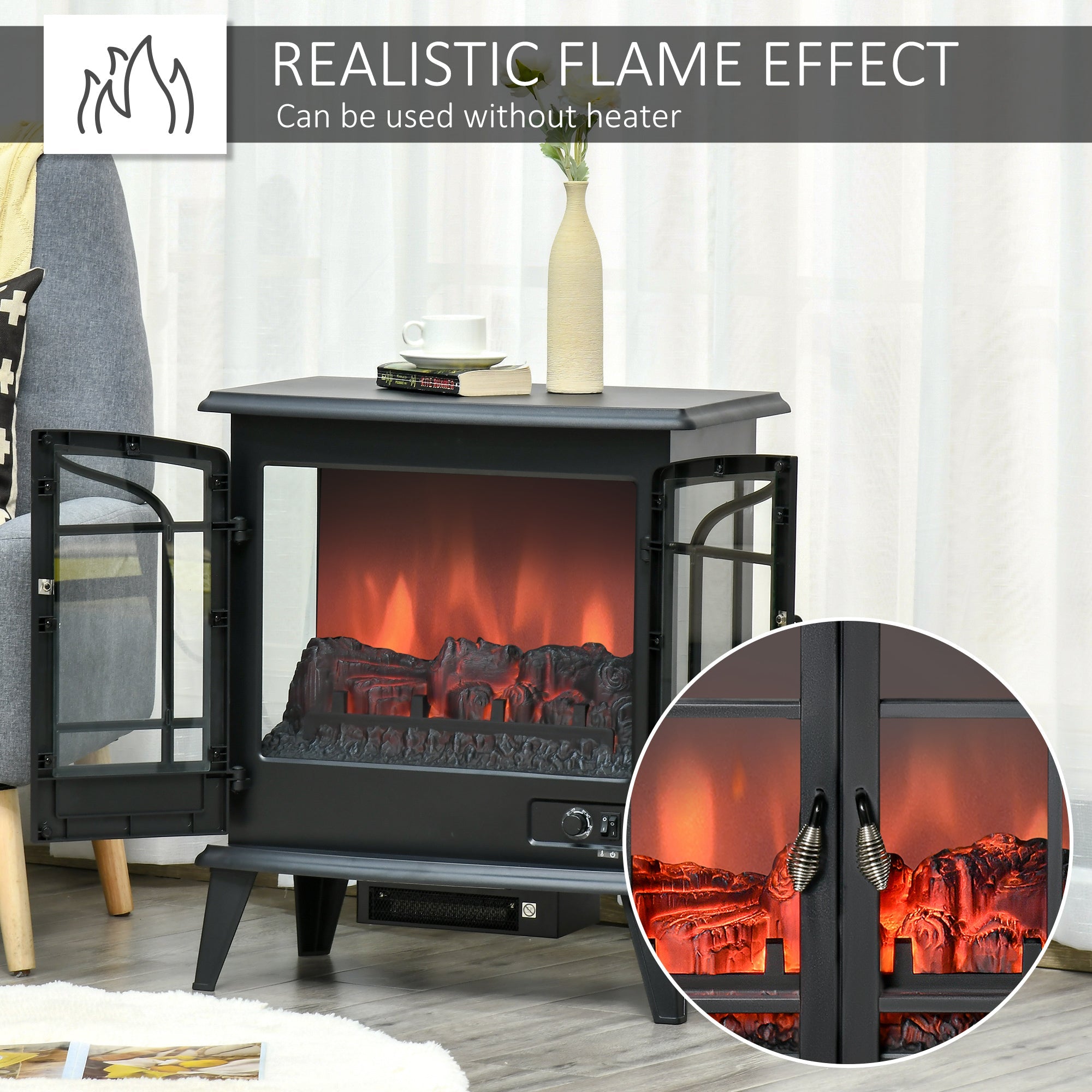 Electric Fireplace Stove, Freestanding Indoor Heater with Realistic Flame Effect, Adjustable Temperature and Overheat Protection, Black Electric Fireplaces   at Gallery Canada