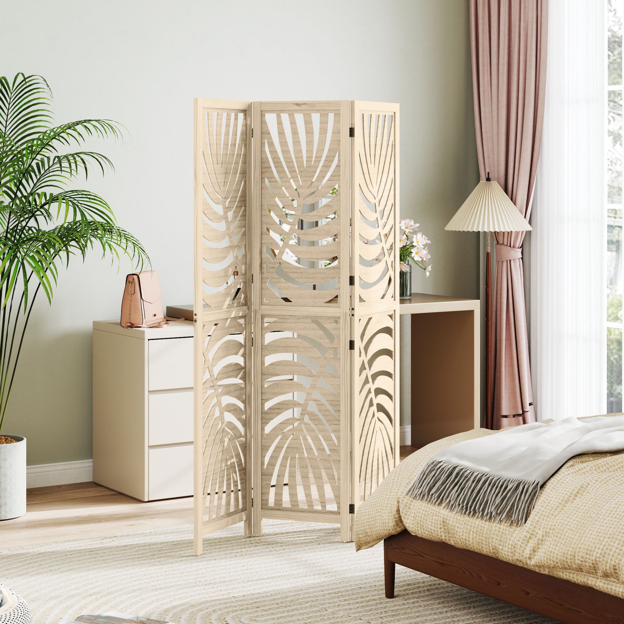 3 Panel Room Divider, Detachable Folding Privacy Screens with Palm Leaf Design for Home Office, Natural Wood Finish Room Dividers at Gallery Canada