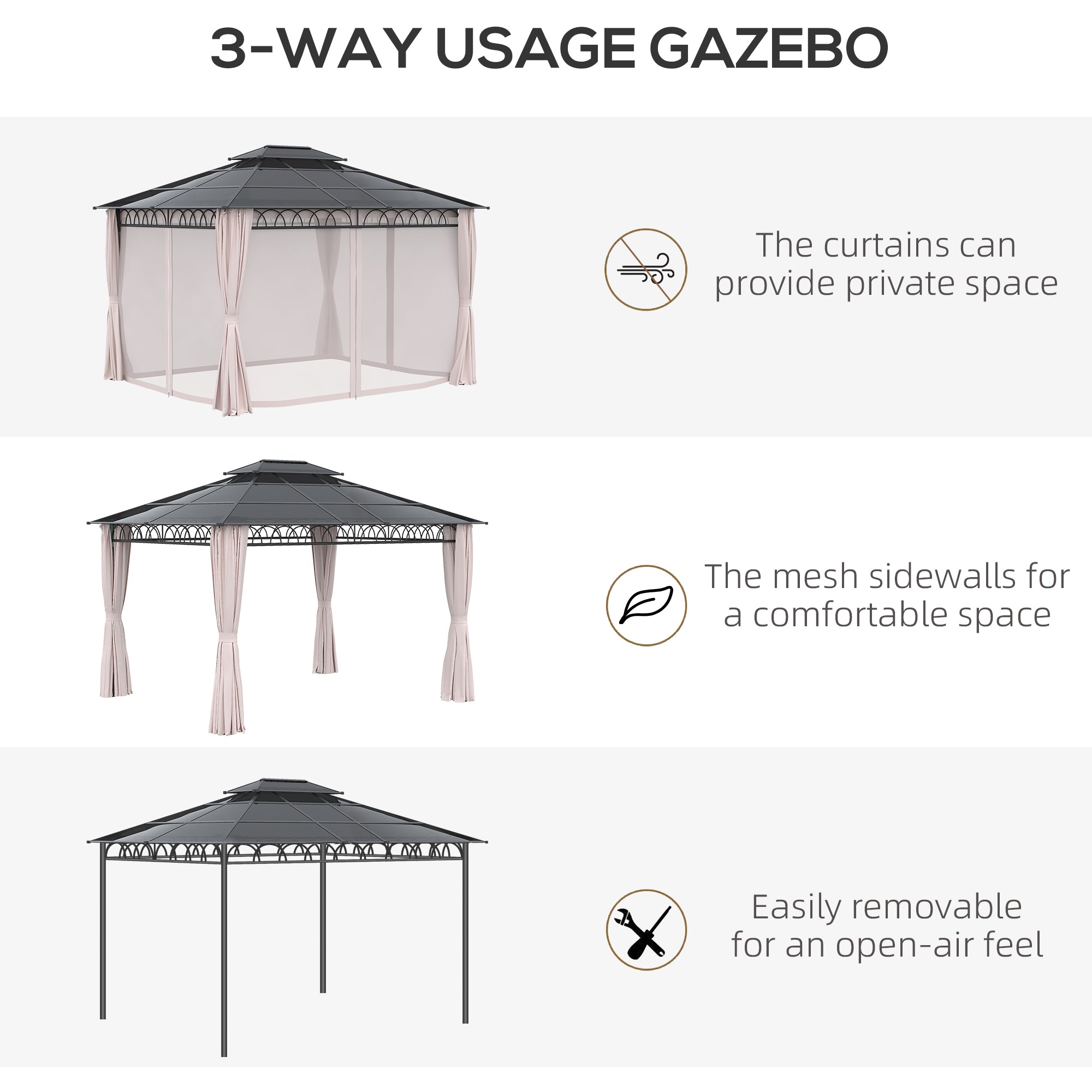 10' x 12' Outdoor Hardtop Gazebo Canopy w/ Double PC Roof, Steel Frame, Nettings, Curtains for Garden Lawn Deck, Khaki Gazebos at Gallery Canada
