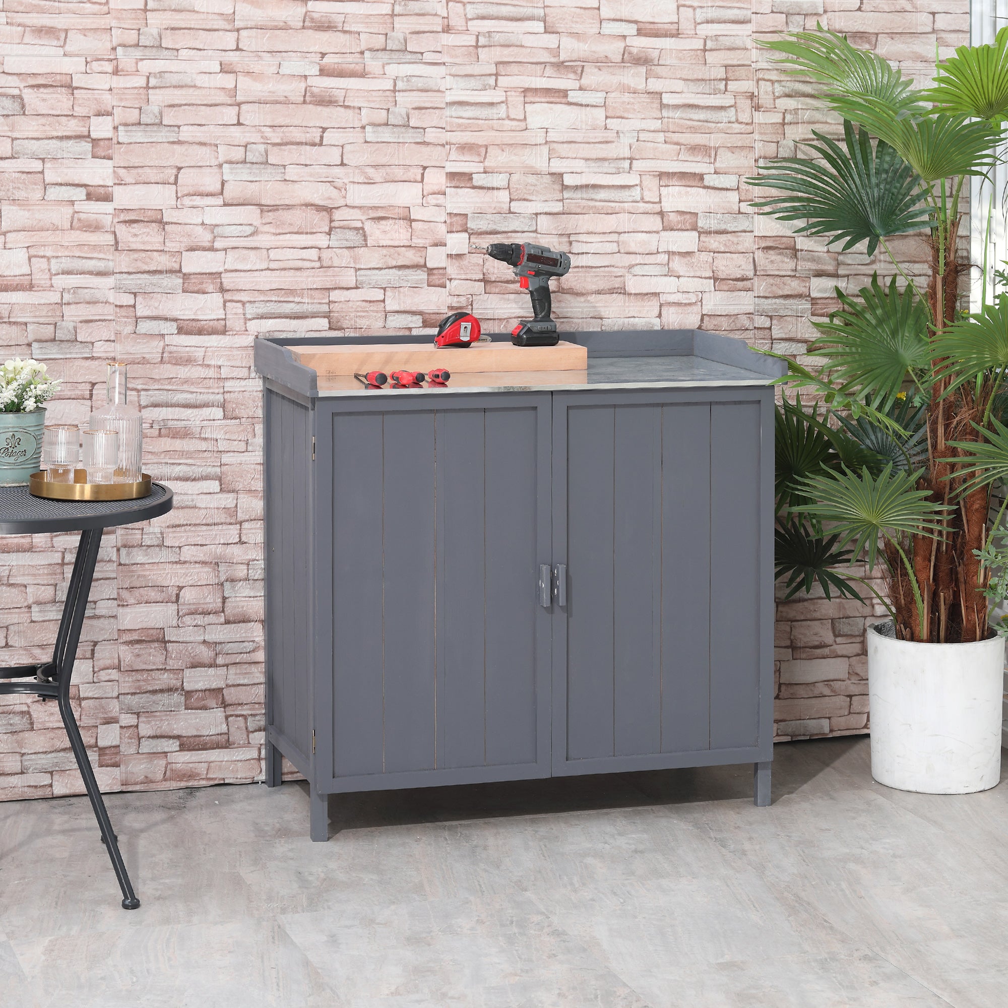 Garden Storage Cabinet, Outdoor Potting Bench Table with Galvanized Top and Shelf, Tool Shed with Double Doors, Grey Sheds at Gallery Canada