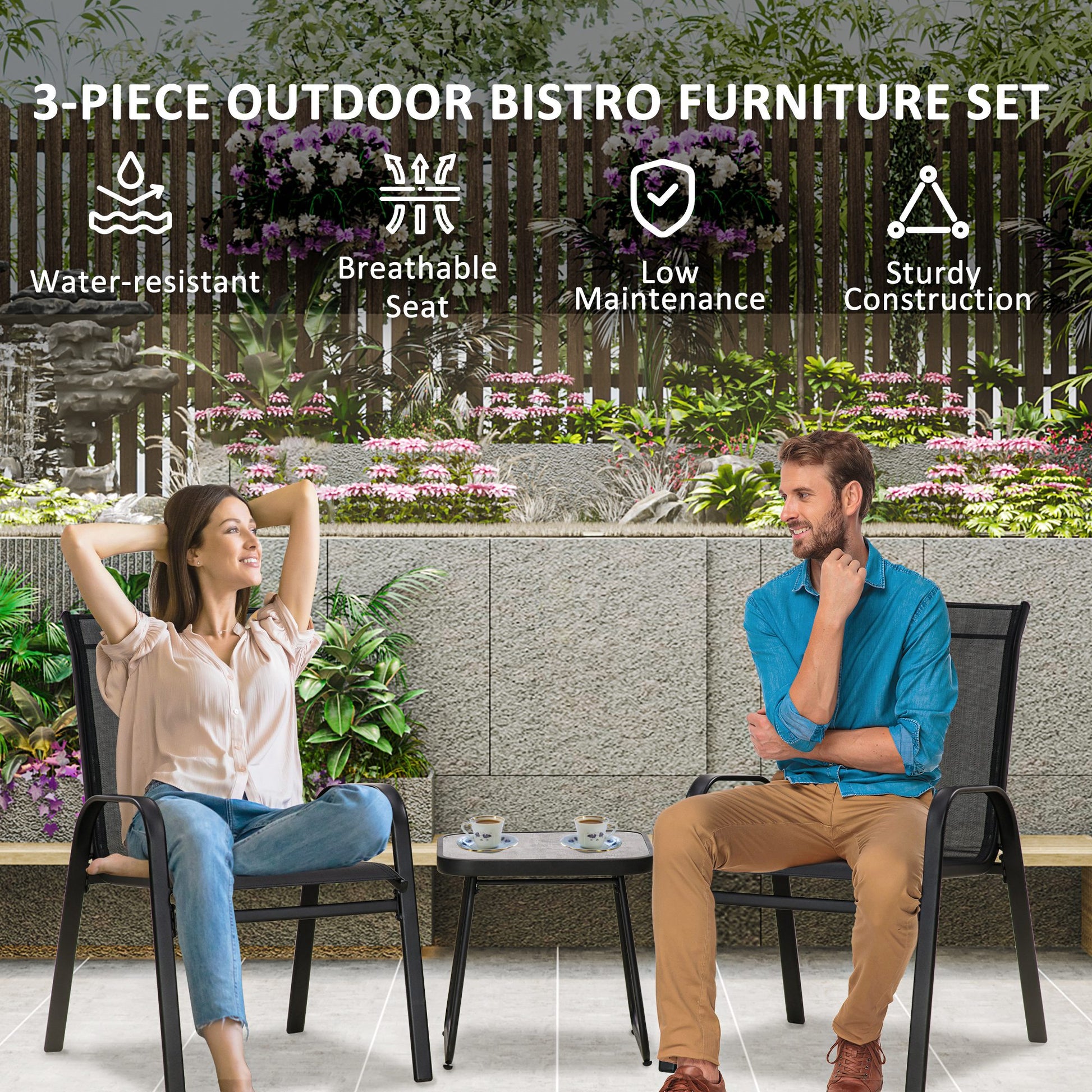 Outdoor Bistro Set of 3, 3 Piece Patio Set with Breathable Mesh Fabric, Stackable Chairs and Square Table, Black - Gallery Canada