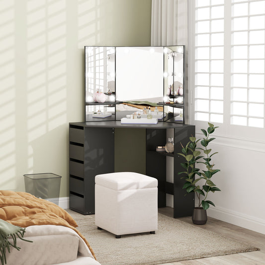 Makeup Vanity Desk with 3-Panel Mirror and 10 LED Lights, Dressing Table with 5 Drawers and Shelves for Bedroom, Black