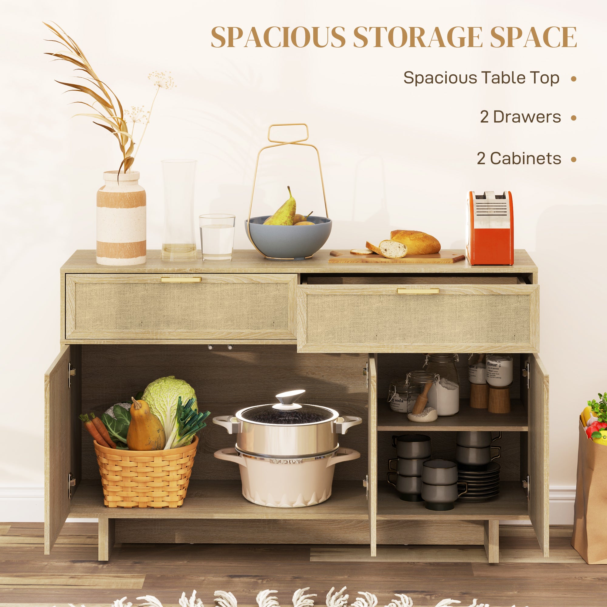 Boho Kitchen Sideboard Buffet Cabinet with Hinge Doors, Drawers and Adjustable Shelf for Living Room, Natural Wood Bar Cabinets at Gallery Canada