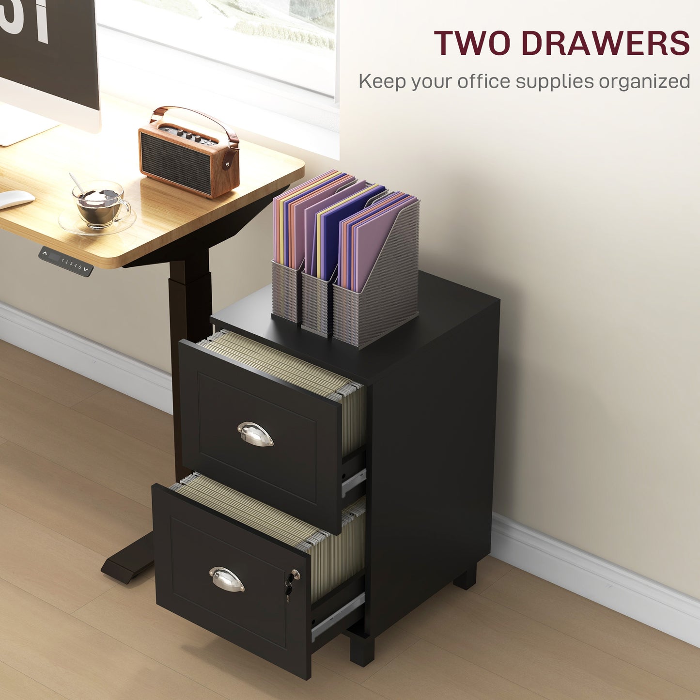 2-Drawer Small Filing Cabinet Lockable Home Office Storage Cabinet with Adjustable Hanging Bars for A4 Letter Black Office Cabinets & Cupboards   at Gallery Canada