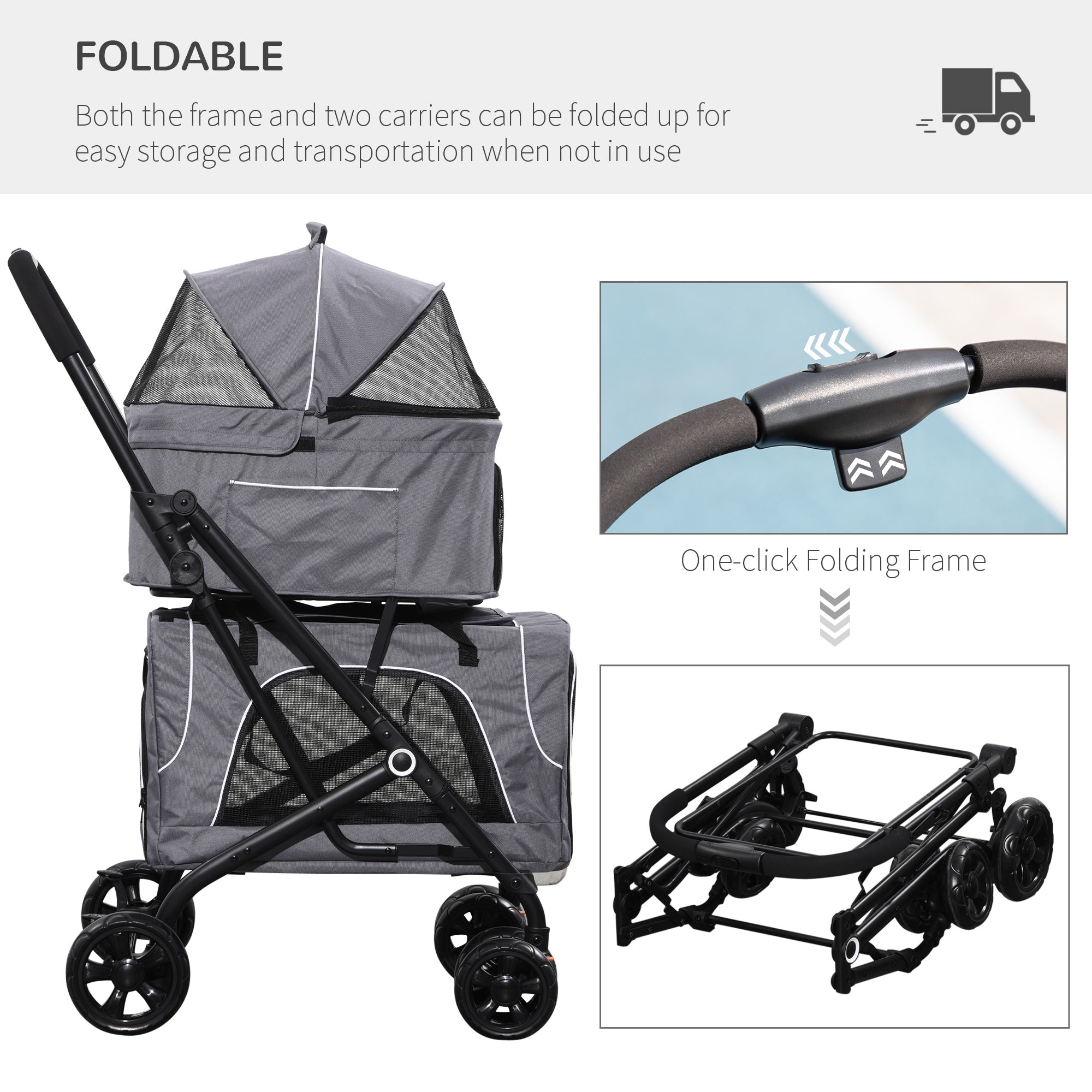 3-in-1 Double Pet Stroller for Small Miniature Dogs Cats with Removable Carrier, Foldable Travel Carrier Bag, Car Seat, Grey Dog Bike Trailers & Strollers   at Gallery Canada