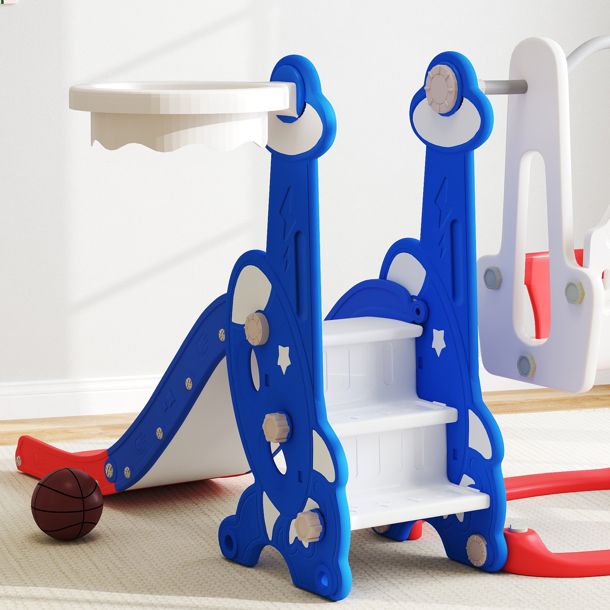 4-in-1 Slide and Swing Set with Basketball Hoop, Climber, for Ages 1.5-4 Boys Girls Toddler, Rocket Themed, Dark Blue Gym Sets & Swings at Gallery Canada