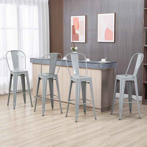 Set of 4 Bar Stools Kitchen Industrial Breakfast Bistro Cafe Metal Frame Silver Grey