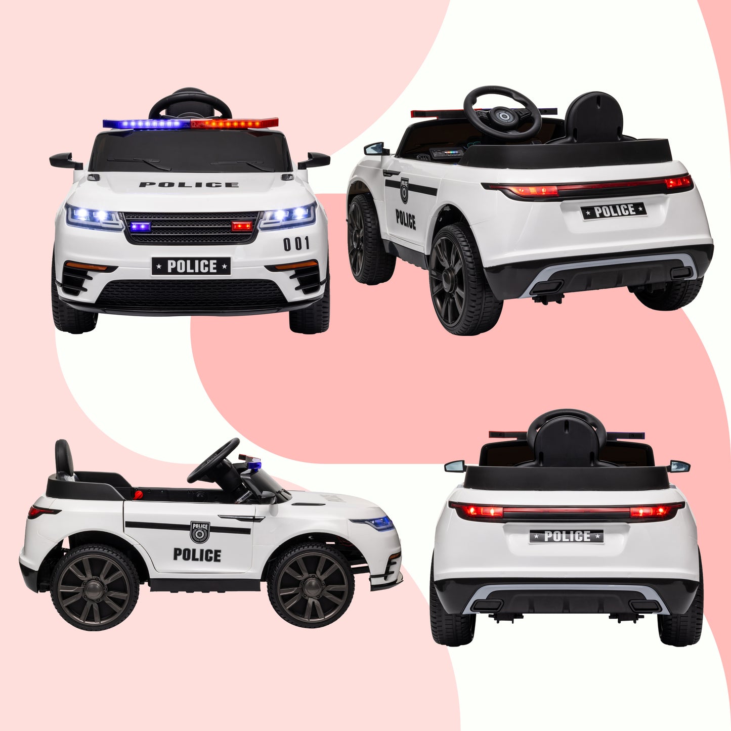 12V Kids Electric Police Car w/ Remote Control, Spring Suspension, Training Wheel, Siren, Music, Light, Horn, White Electric Toy Cars   at Gallery Canada